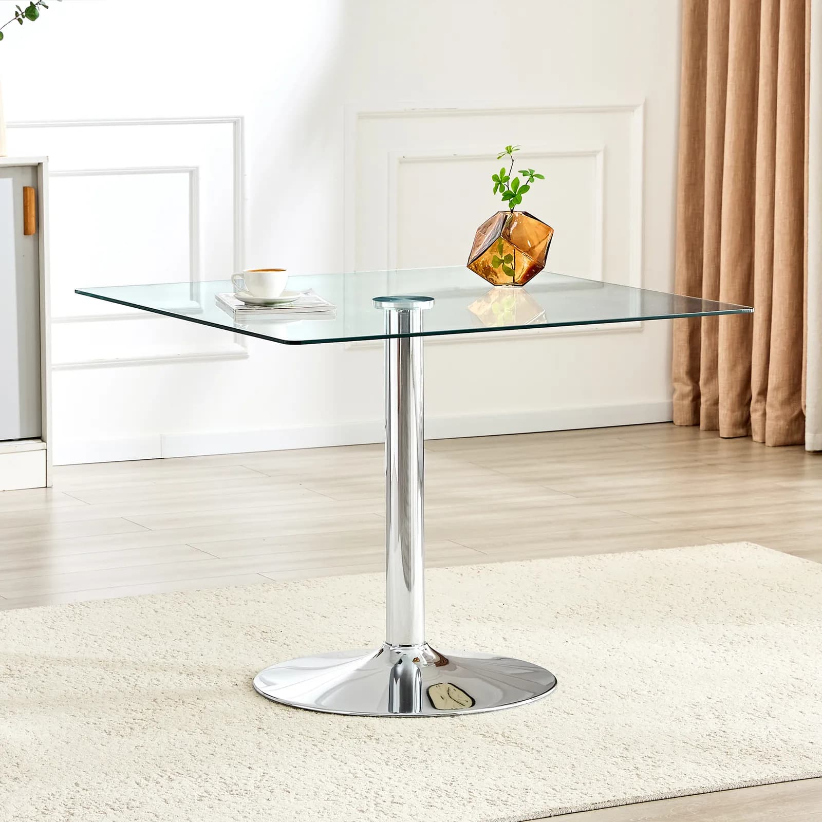 38, 5-inch Modern Minimalist Square Glass Dining Table with Single-Column Metal Base,…