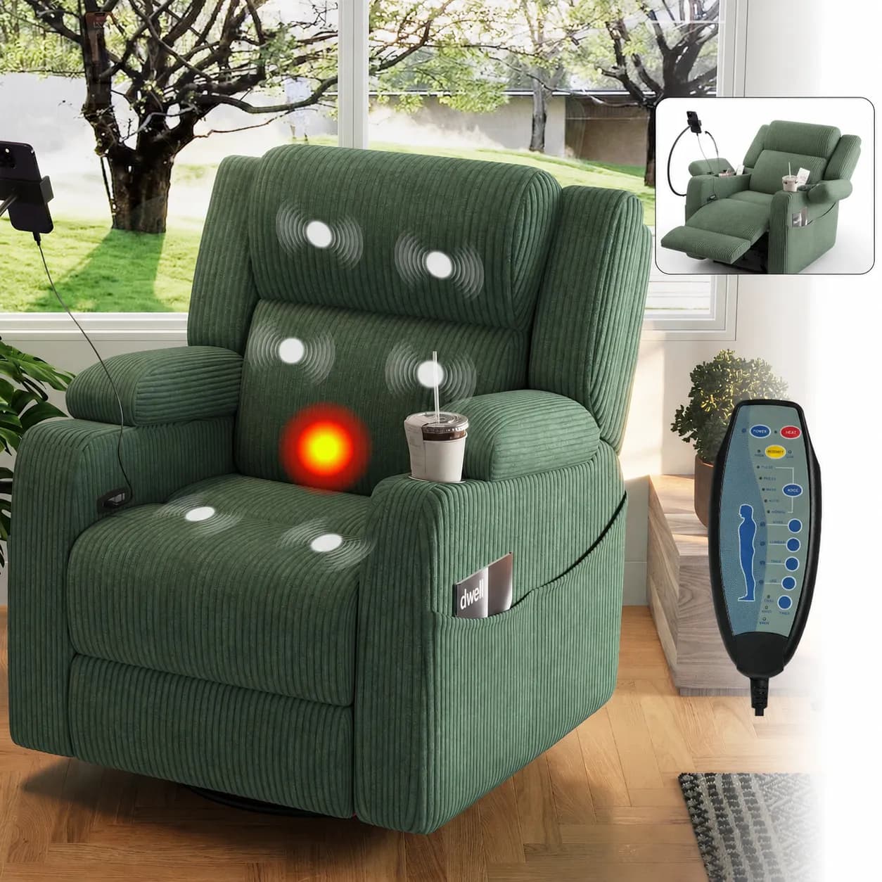 Electric Power Recliner Chair with Heat and Massage, 270° Swivel Rocker Recliner with…