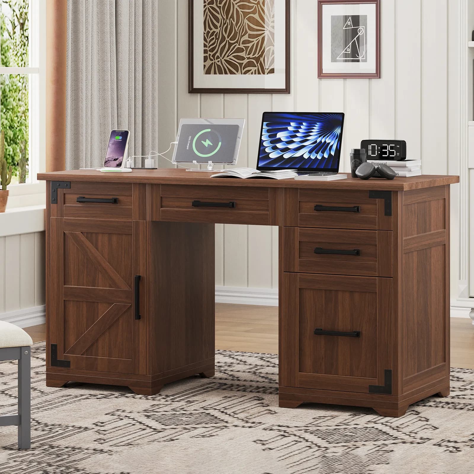 55" Farmhouse Executive Desk with Charging Station & Power Outlet, Home Office Computer…