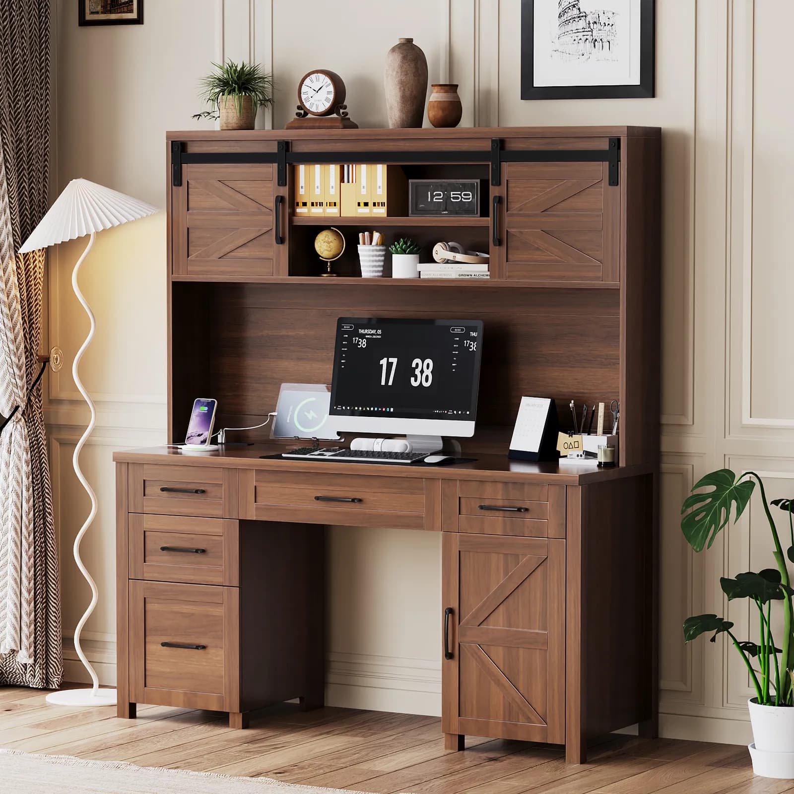 Farmhouse Executive Desk with Hutch and Charging Station, Computer Desk with 2 Sliding…