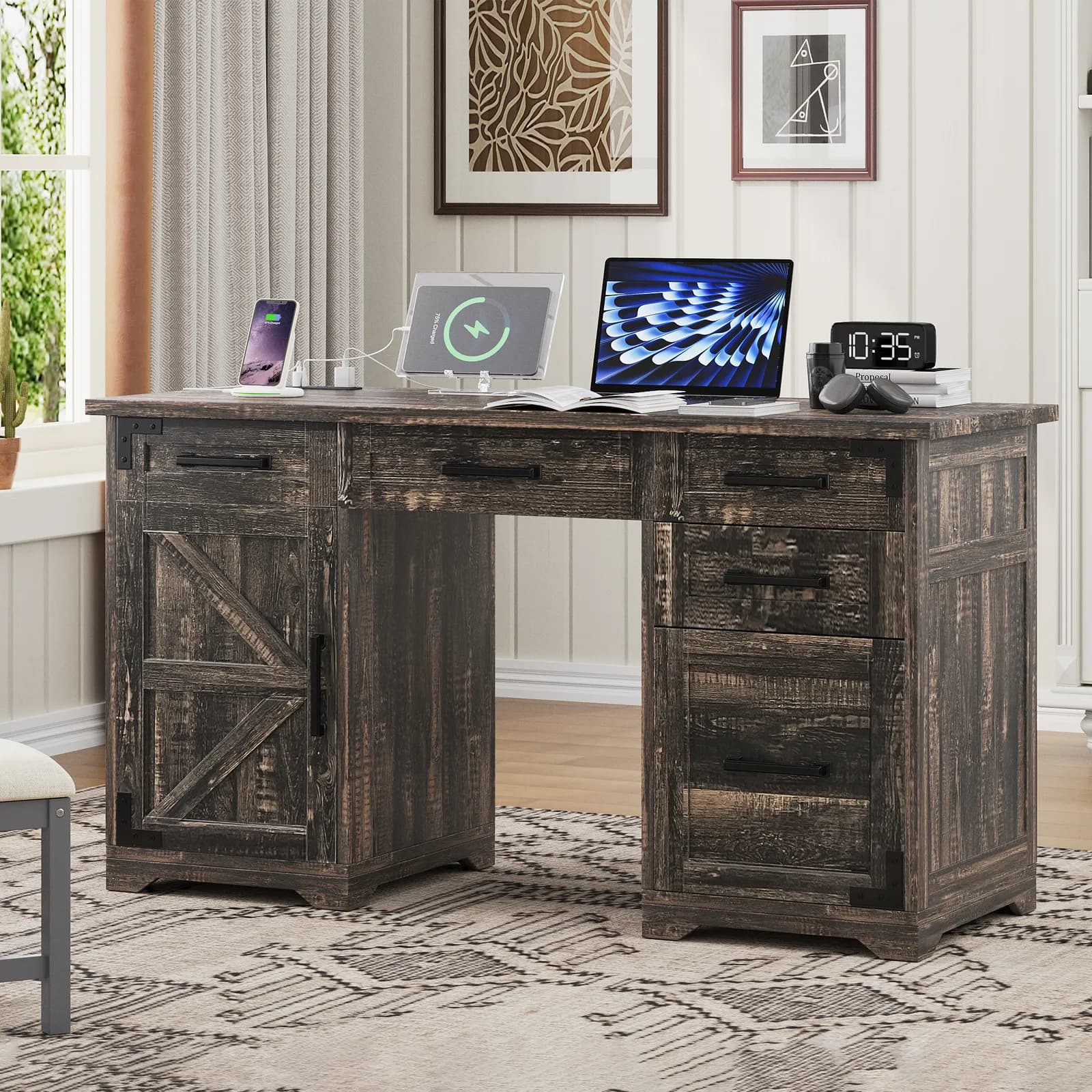 55" Farmhouse Executive Desk with Charging Station & Power Outlet, Home Office Computer…