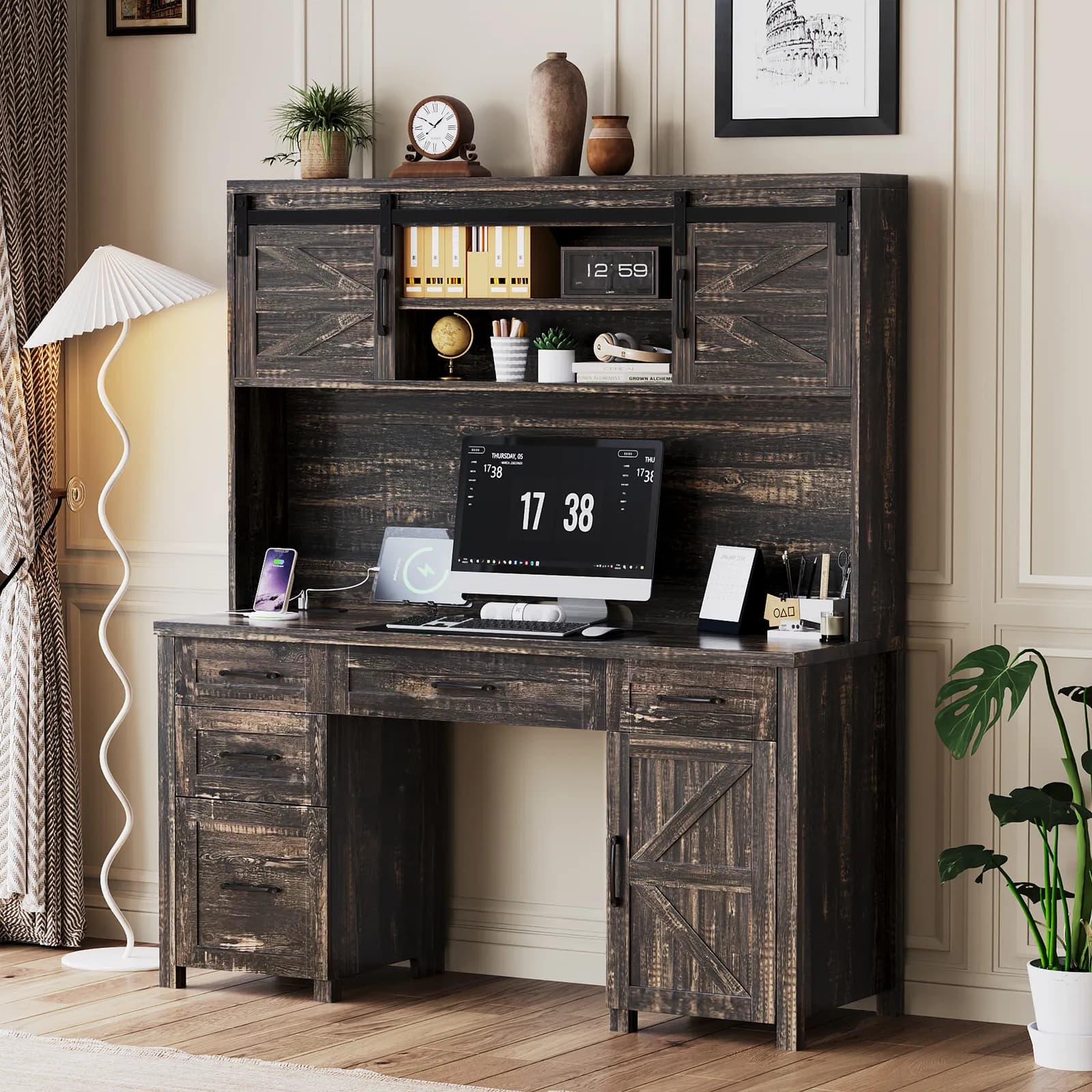Farmhouse Executive Desk with Hutch and Charging Station, Computer Desk with 2 Sliding…