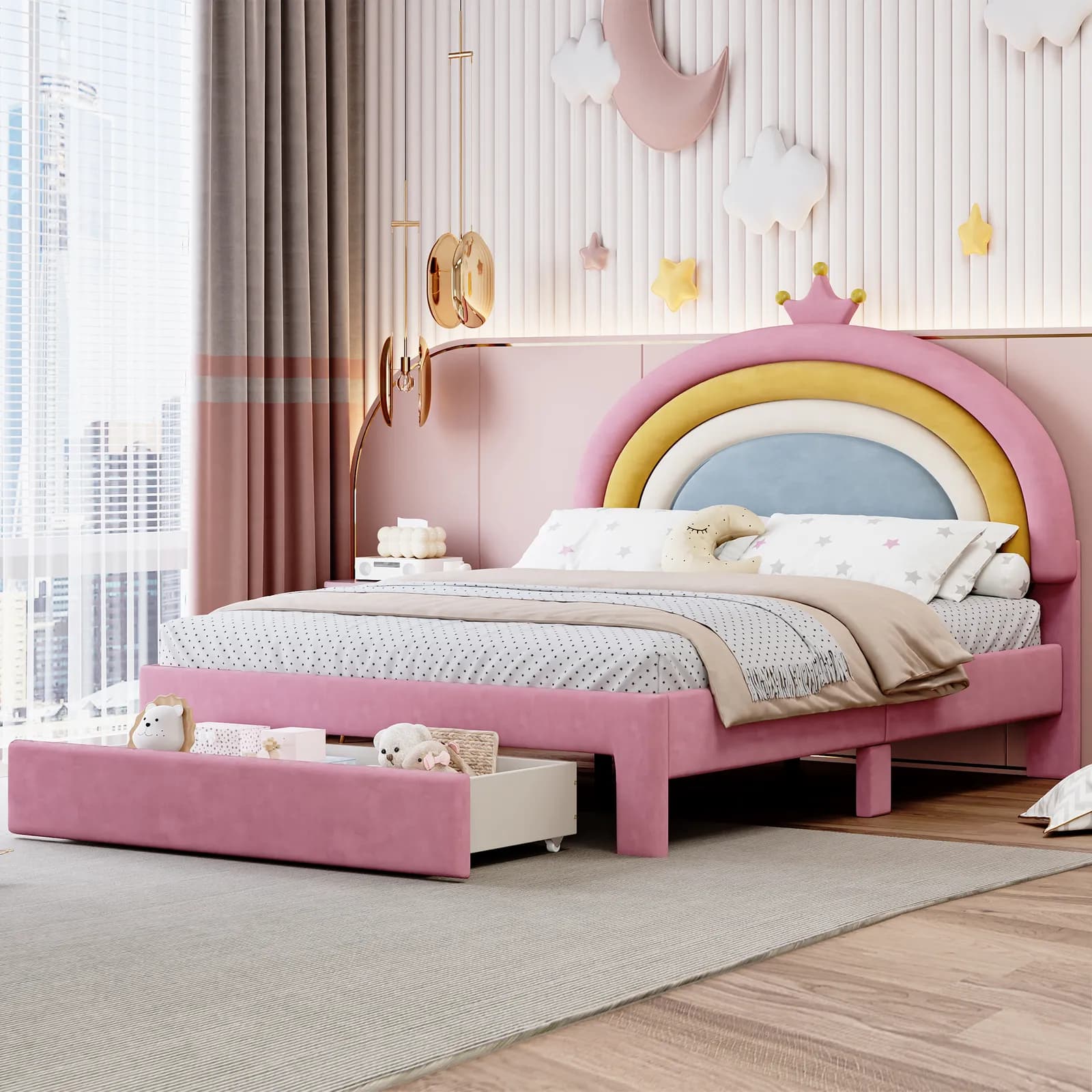 Full Size Upholstered Rainbow Design Bed, Velvet Princess Platform Bed with Storage…