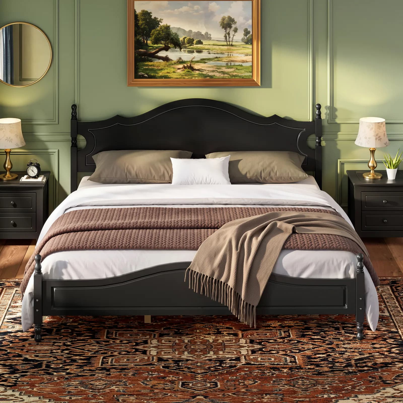 King Bed Frame with Headboard, Retro Style Wooden Platform Bed with Wood Slats Support,…