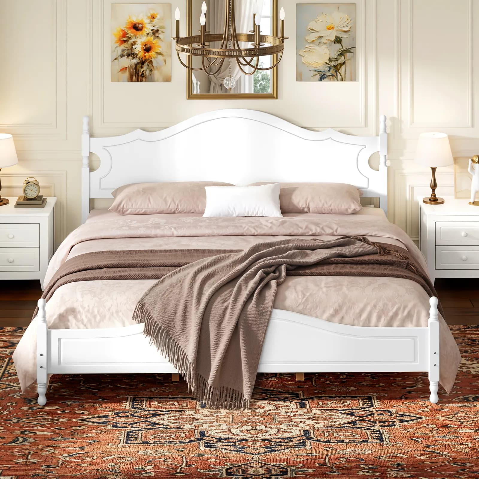 King Bed Frame with Headboard, Retro Style Wooden Platform Bed with Wood Slats Support,…