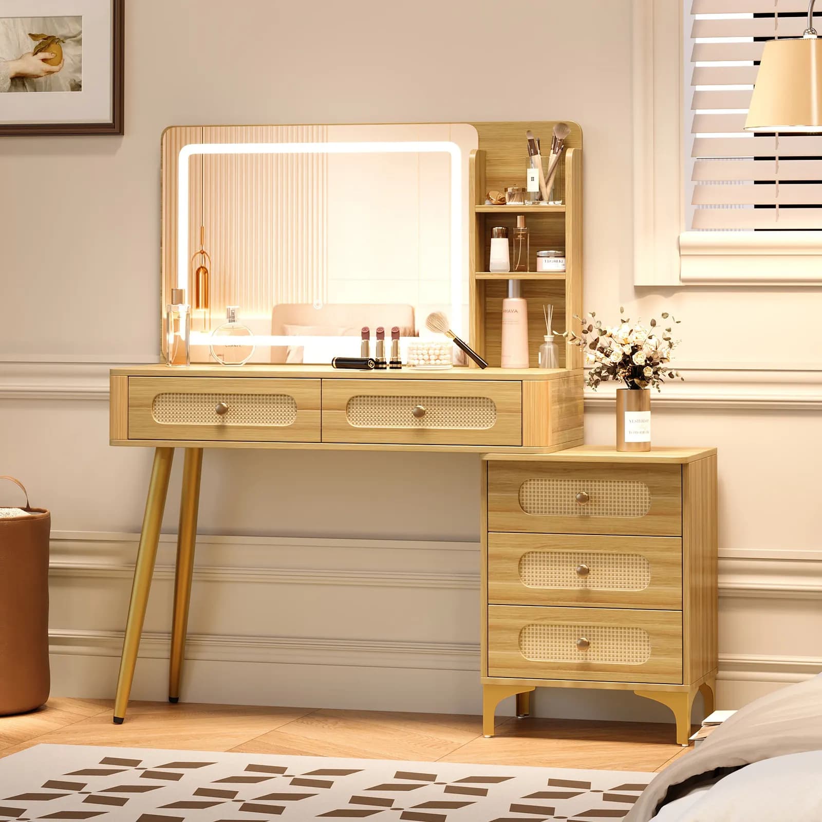 47''Vintage Makeup Vanity with Mirror and Lights, Makeup Vanity Desk with 5 Drawers and…