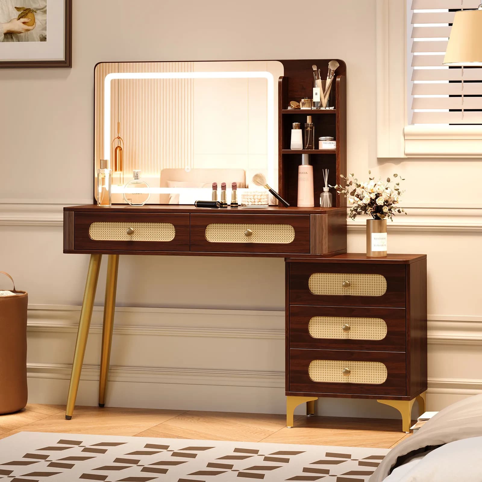 47''Vintage Makeup Vanity with Mirror and Lights, Makeup Vanity Desk with 5 Drawers and…