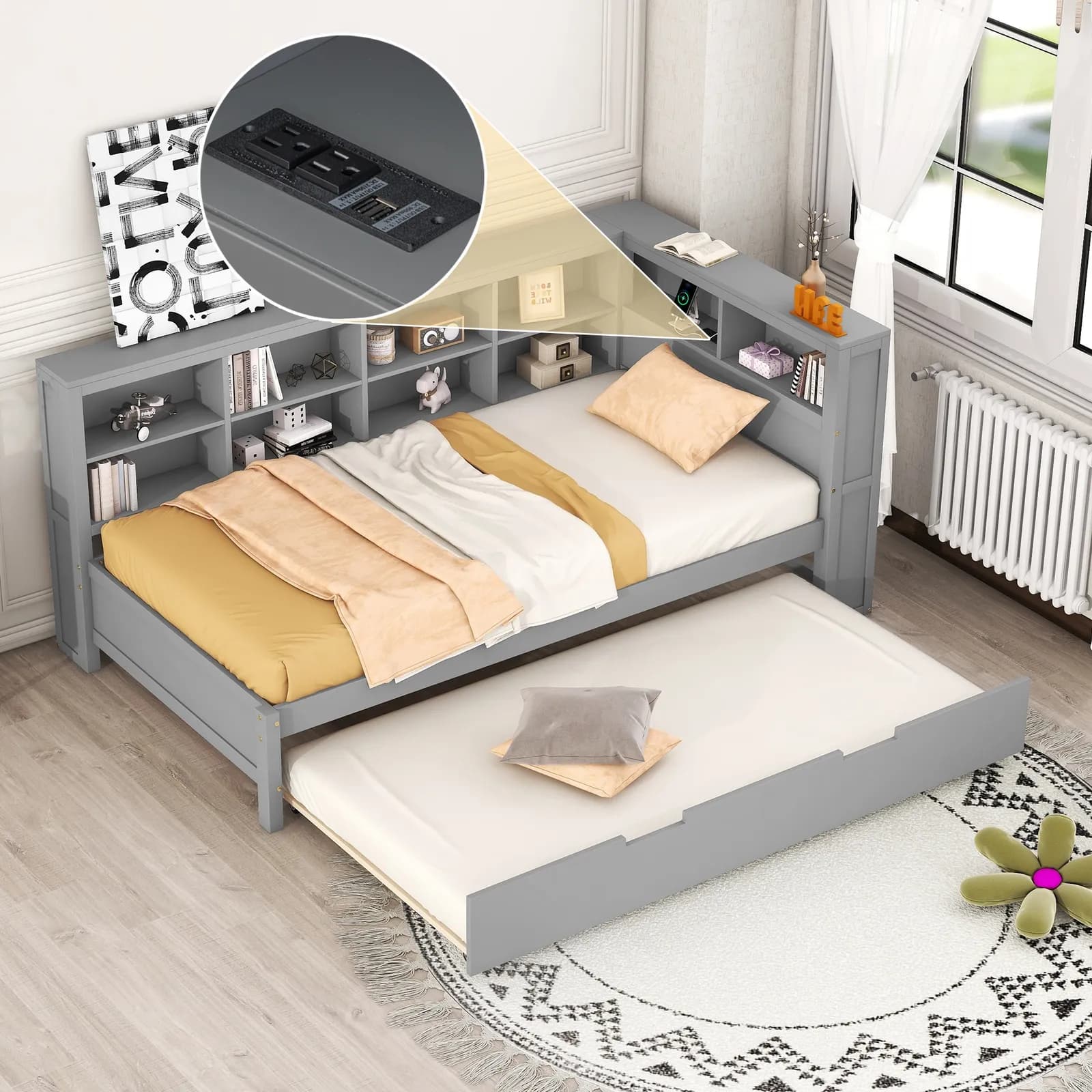 Wooden Twin Size DayBed with Twin Size Trundle, DayBed with Storage Shelf and USB…