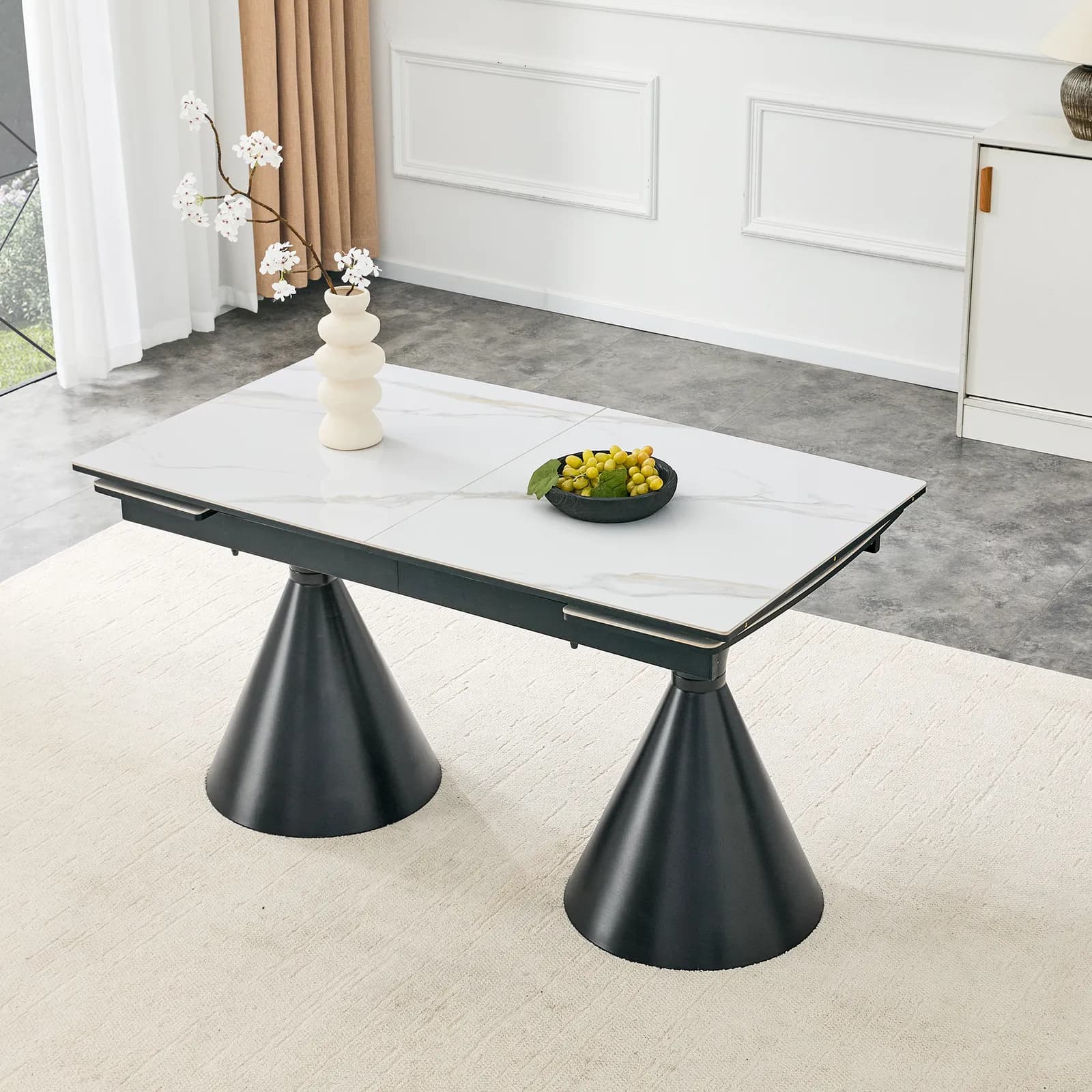 Extendable Stone-Top Dining Table: White marble-patterned tabletop with black tapered…