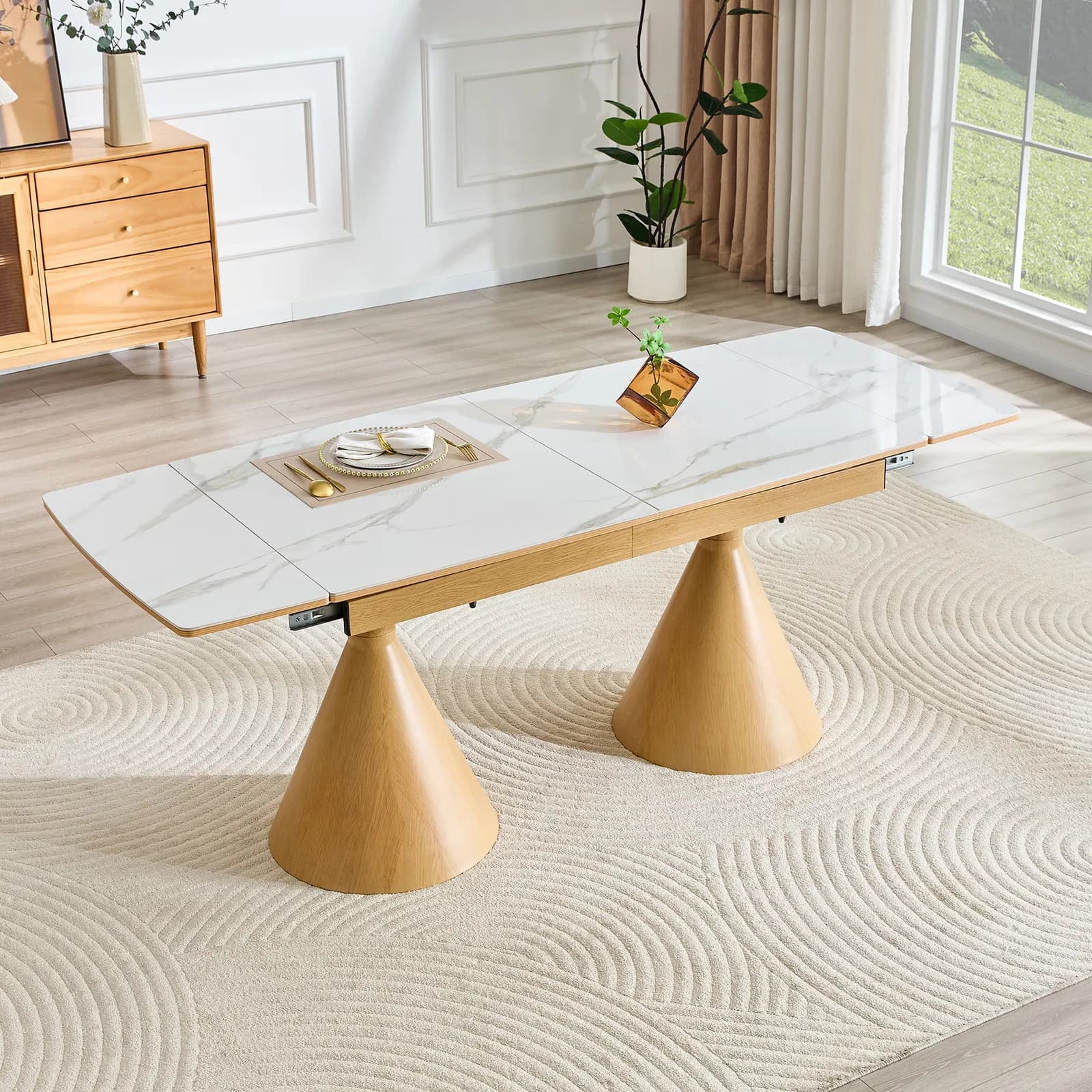 Extendable Stone-Top Dining Table: White marble-patterned tabletop with wood-colored…