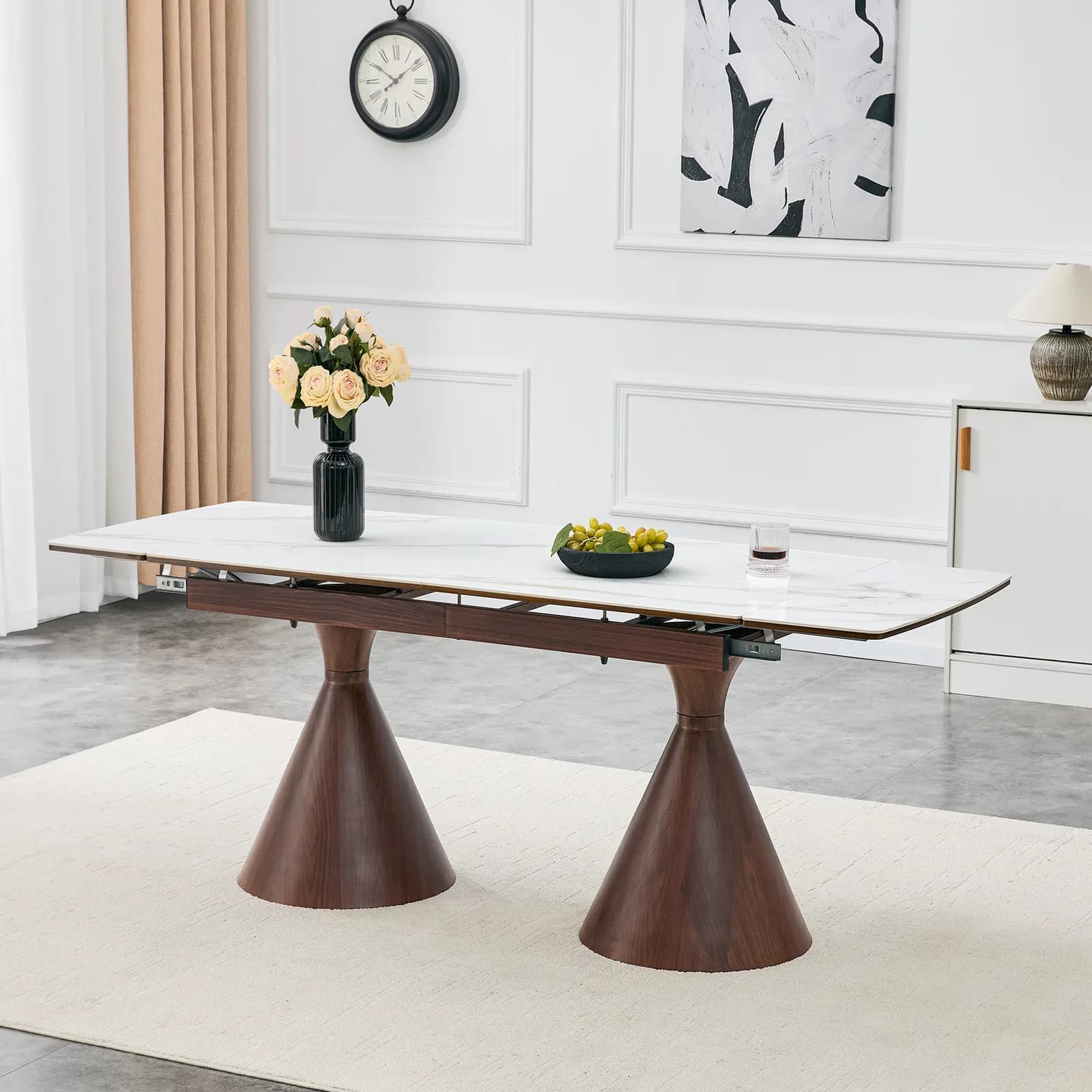 Extendable Stone-Top Dining Table: White marble-patterned tabletop with walnut-colored…