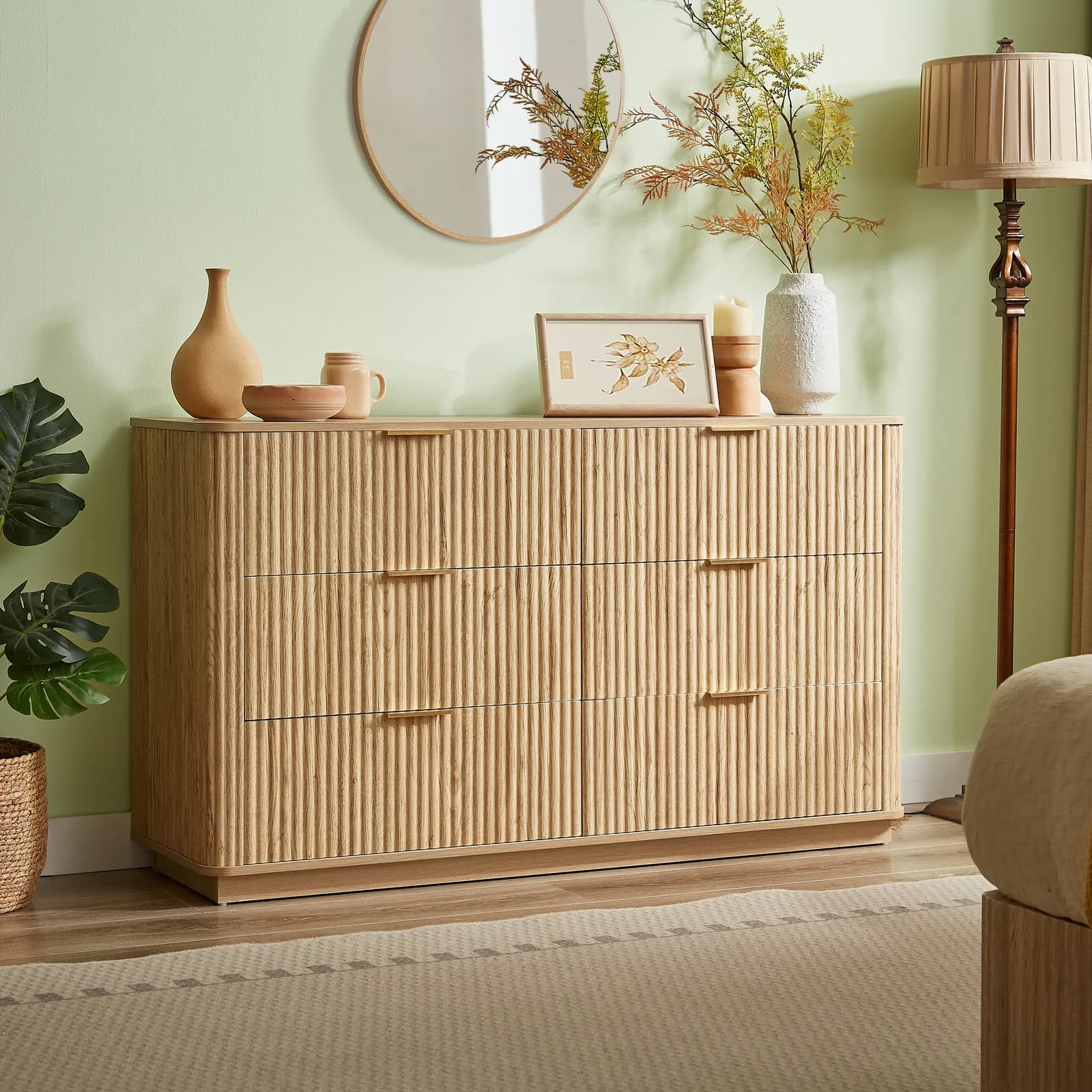 6 Drawers Dresser, 55" Wide Modern Chest of Drawers Curved wave Design, Dresser TV Stand,…
