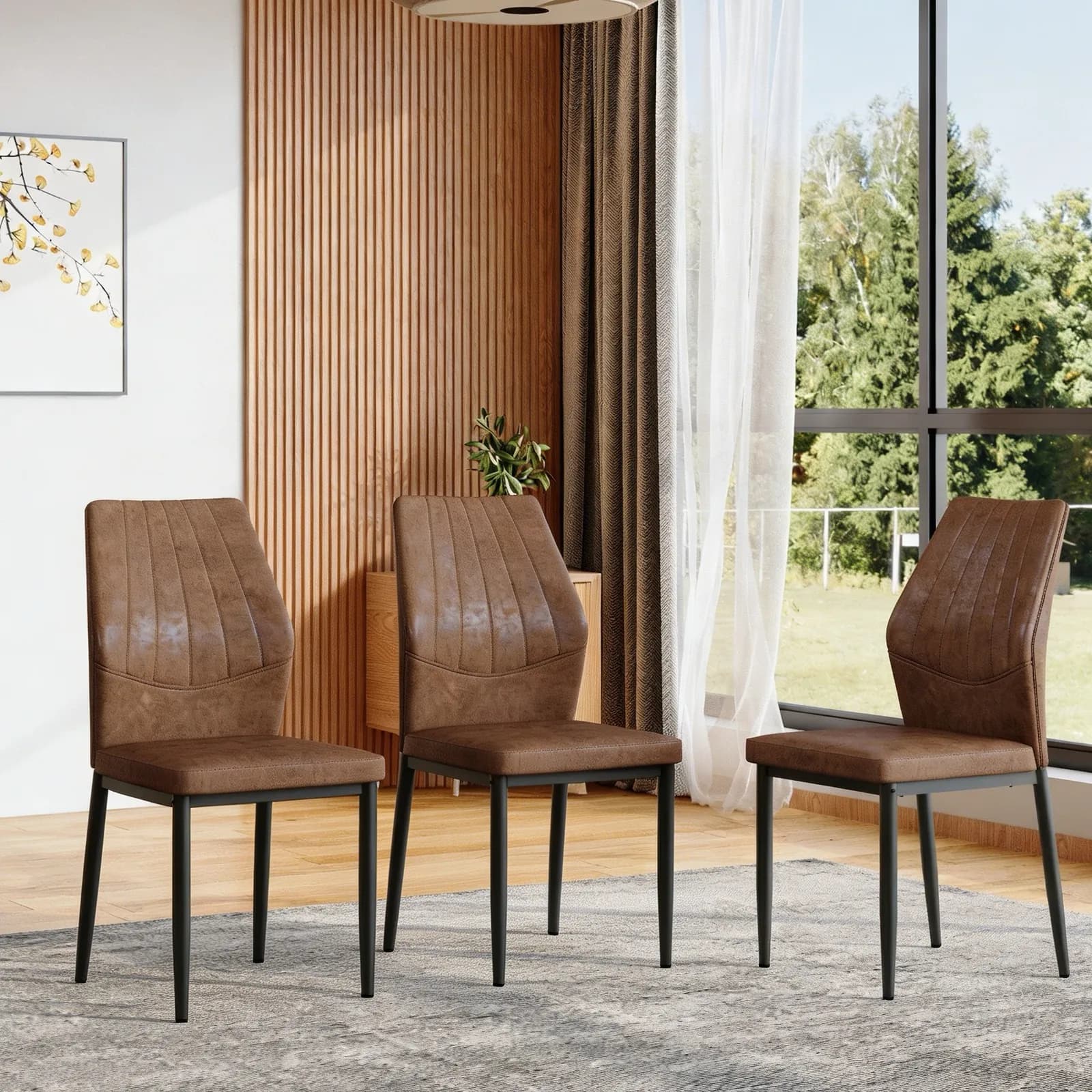 Set of 3 Brown - and - Black Dining Chairs with Shell - pattern, 37 inches High:…