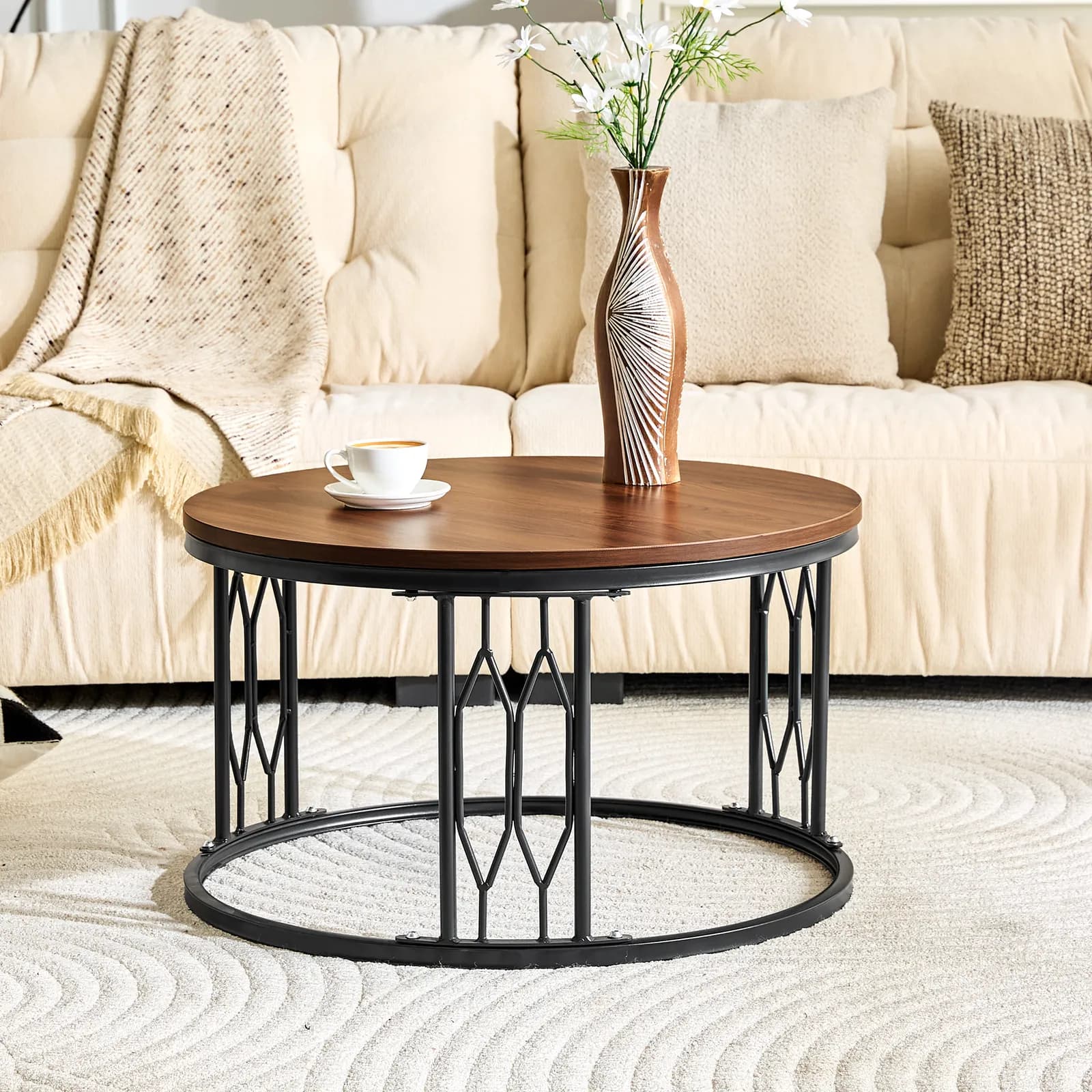 Walnut-colored Round MDF Coffee Table, 27, 5-inch Diameter, A round coffee table for the…