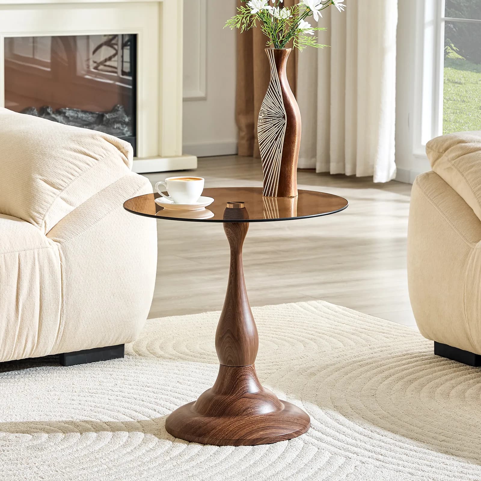 Small metal side table with walnut-grain finish and a round metal frame, featuring a…