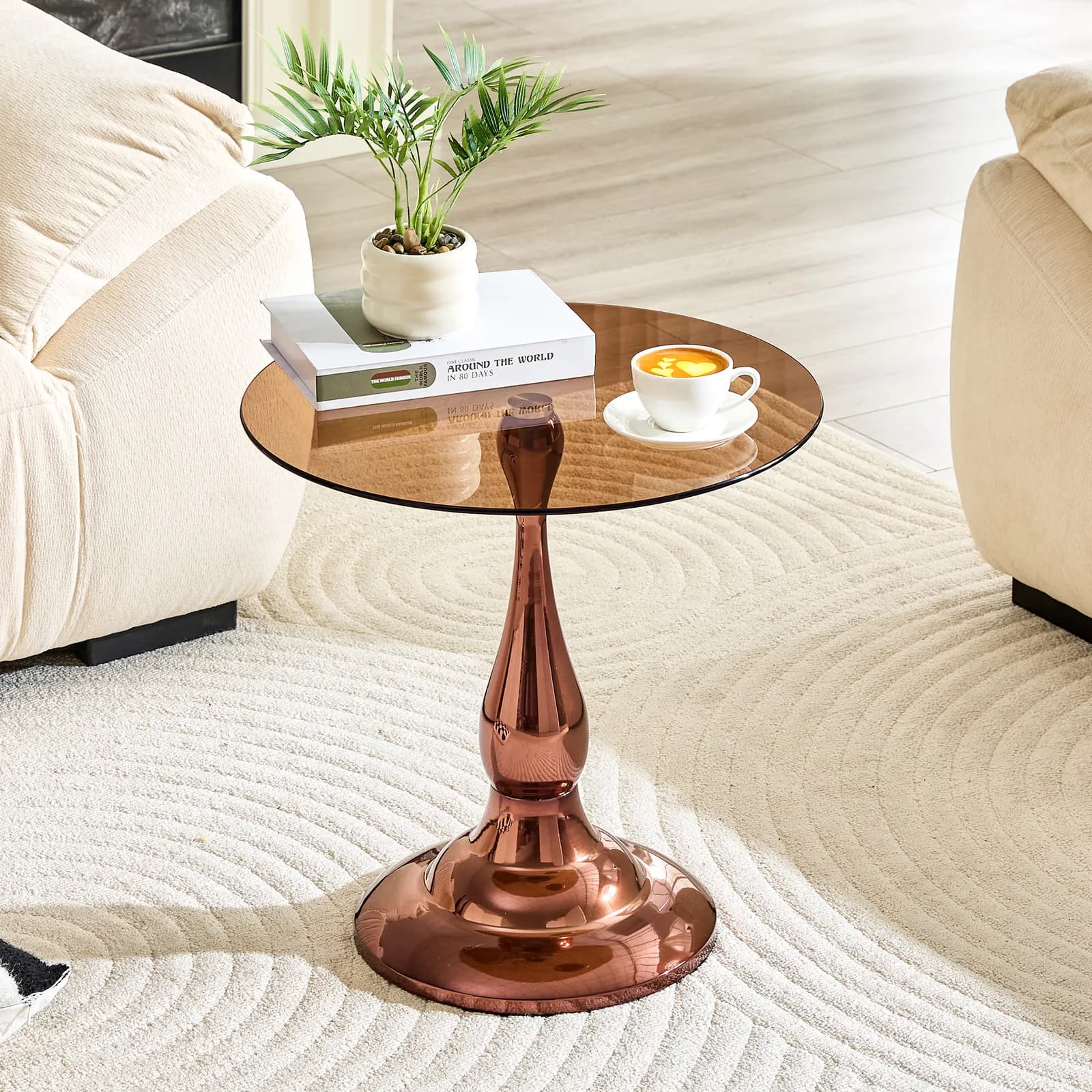 Small metal side table, modern rose gold metal round-edge table with a glass top…