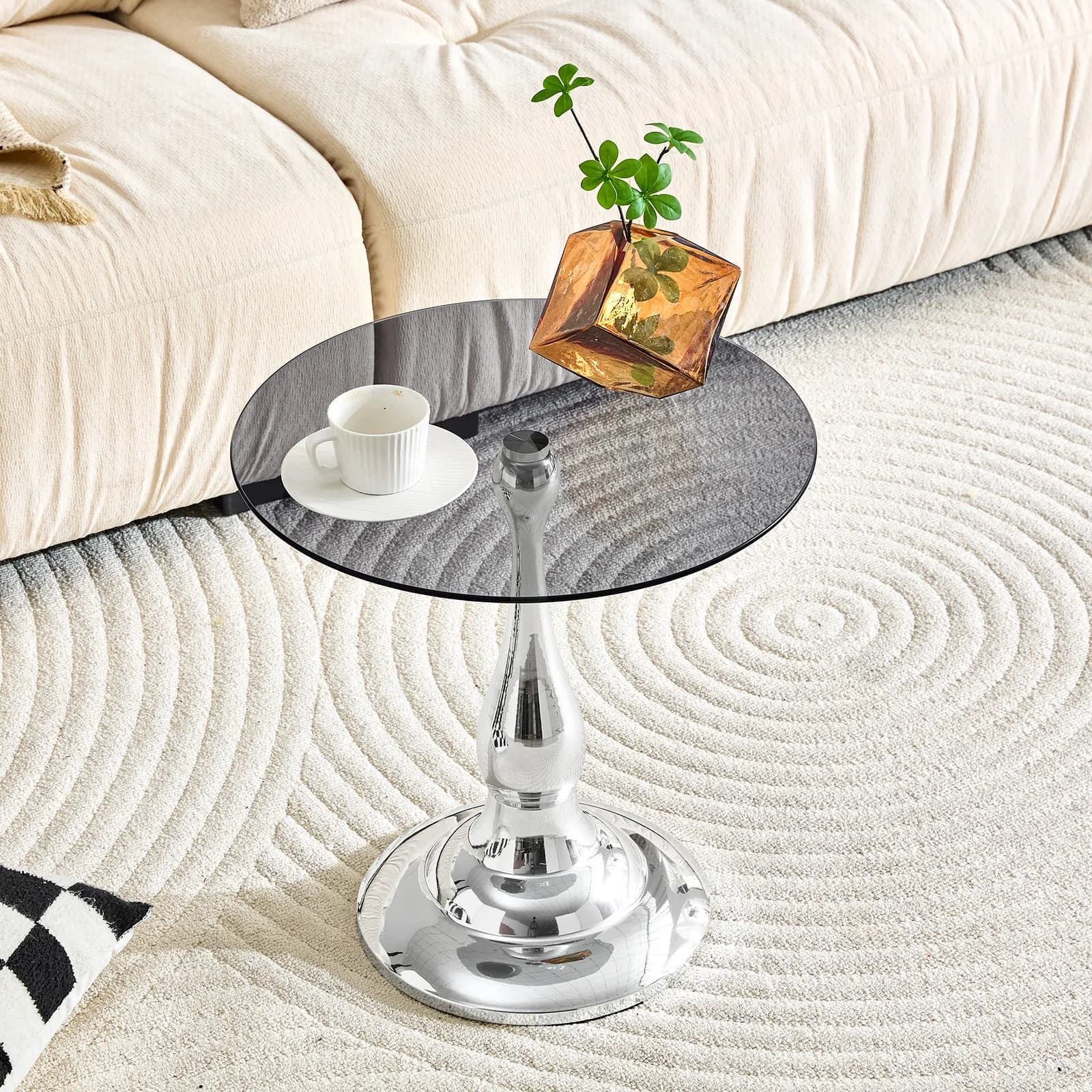 Small metal side table, modern silver round side table with a glass top measuring…