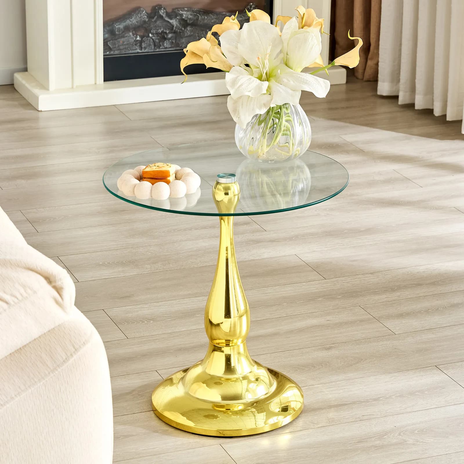 Small metal side table, modern round metal side table with a glass top measuring…