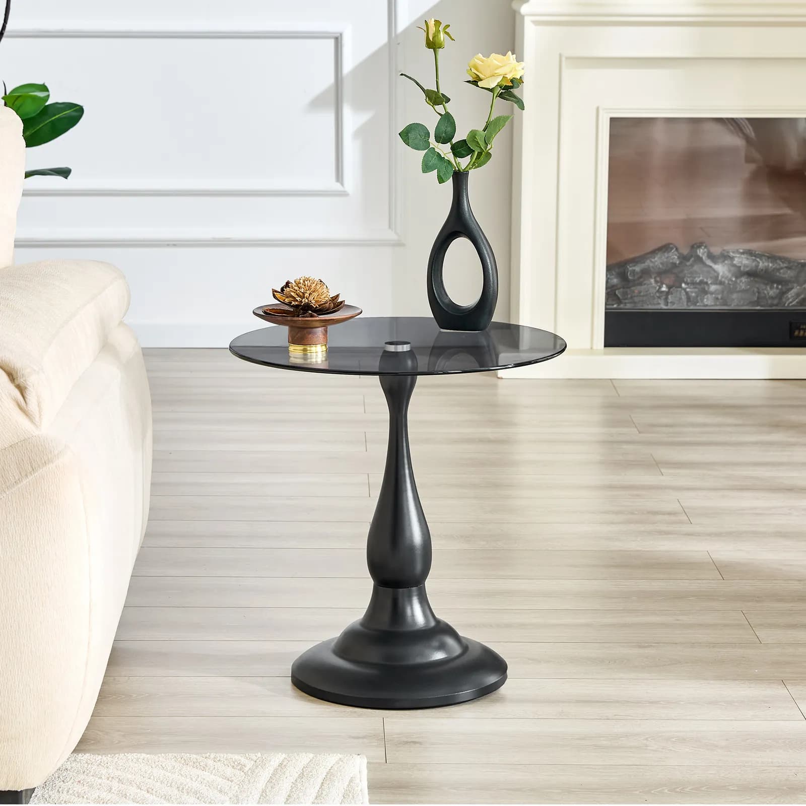 Small metal side table, vintage matte black round side table with a glass top measuring…