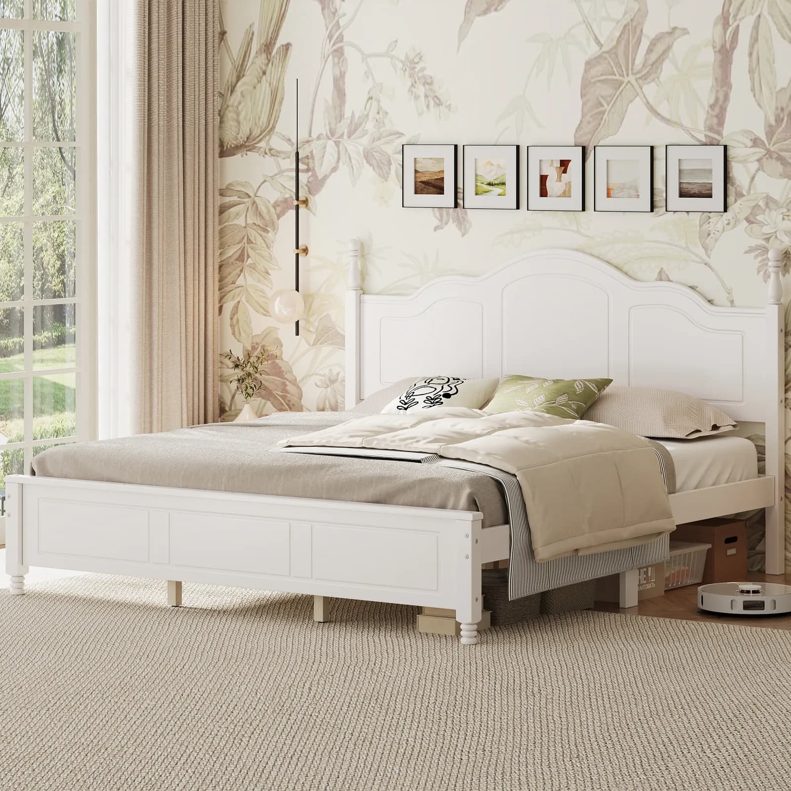 King Size Platform Bed Frame with Retro Wave Headboard, Wooden Slat Support, No Box…