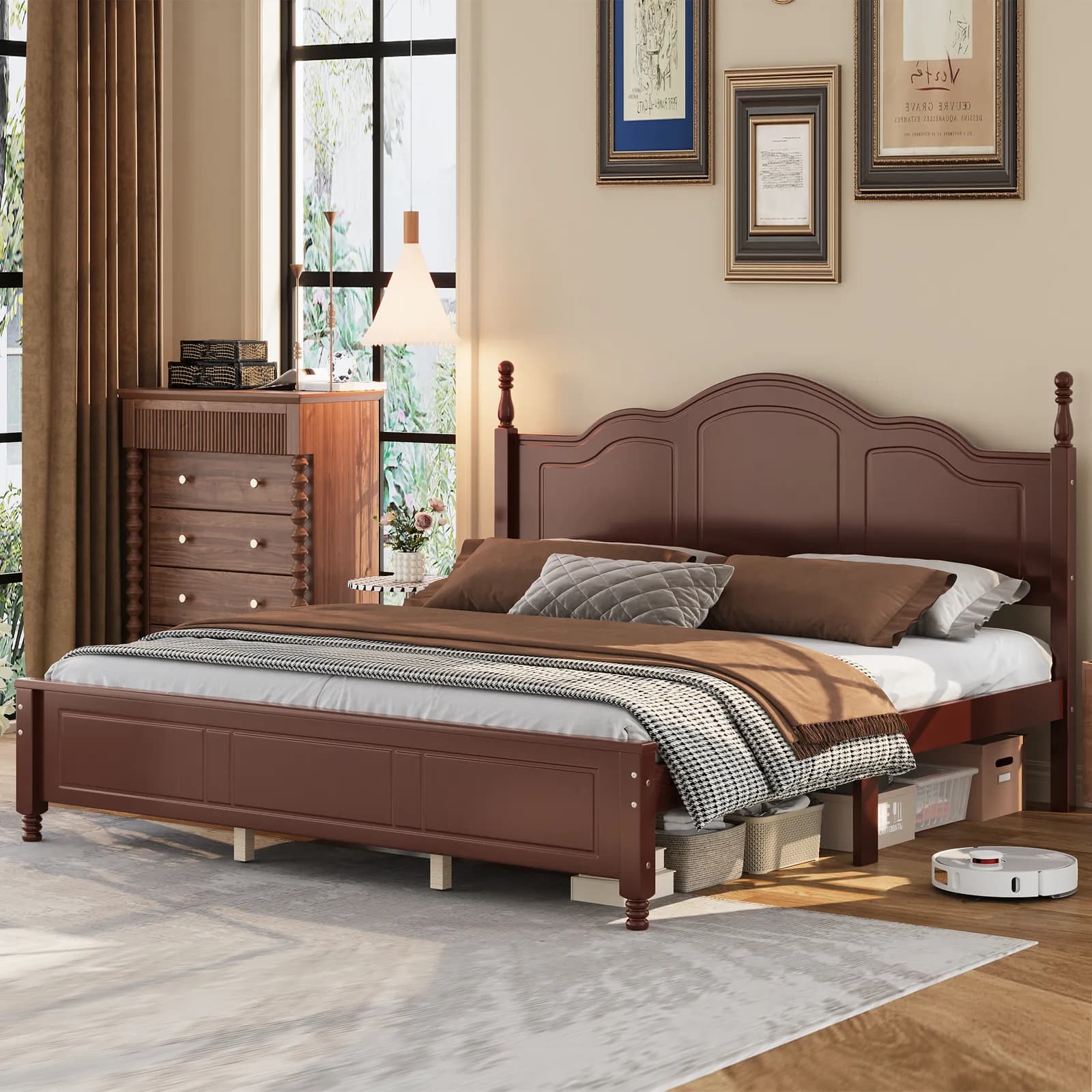 King Size Platform Bed Frame with Retro Wave Headboard, Wooden Slat Support, No Box…