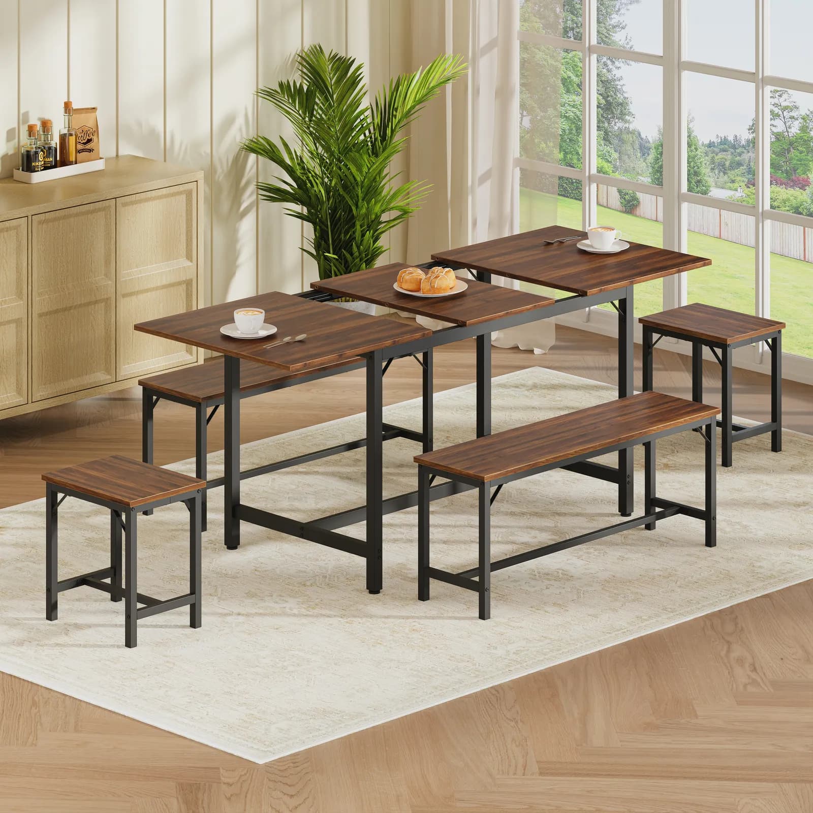 Expandable Dining Table Set for 4-8, 63" Large Extendable Kitchen Table with 2 Benches &…