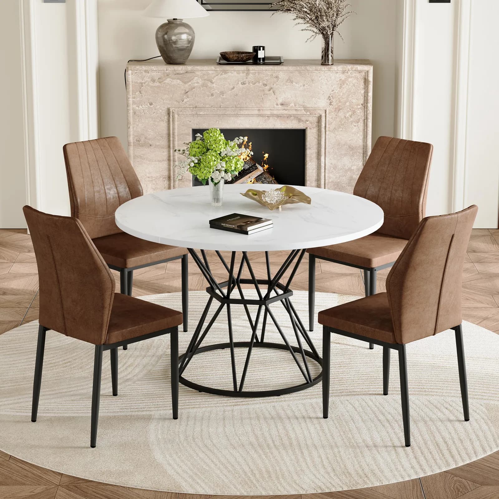 Table and Chair Set, A white MDF table with a diameter of 47, 3 inches, black hourglass…