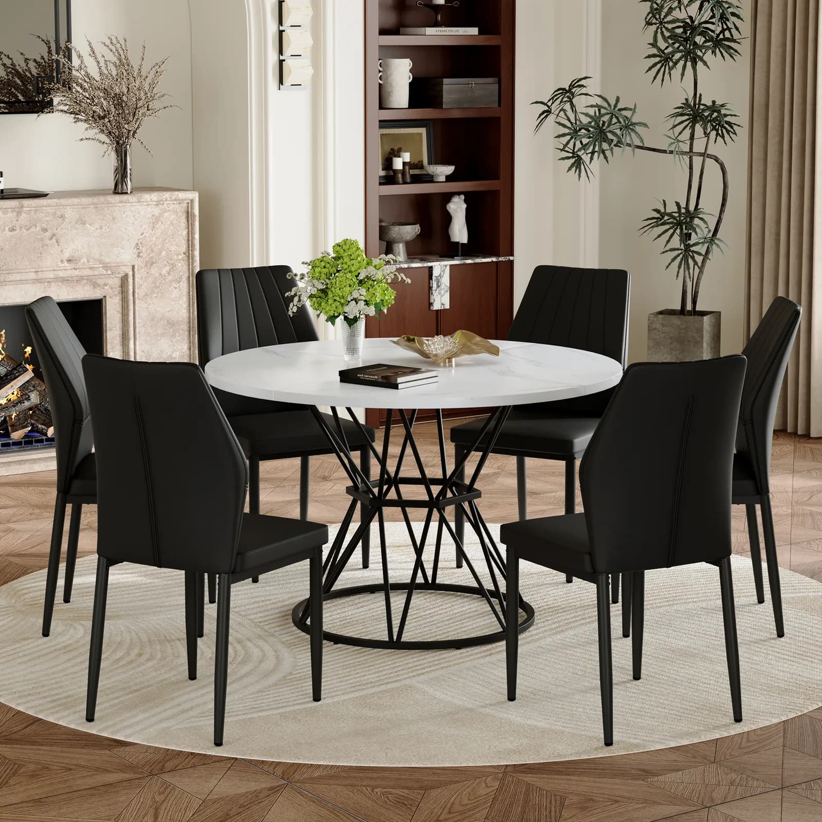 Table and Chair Set, A white MDF table with a diameter of 47, 3 inches, black hourglass…