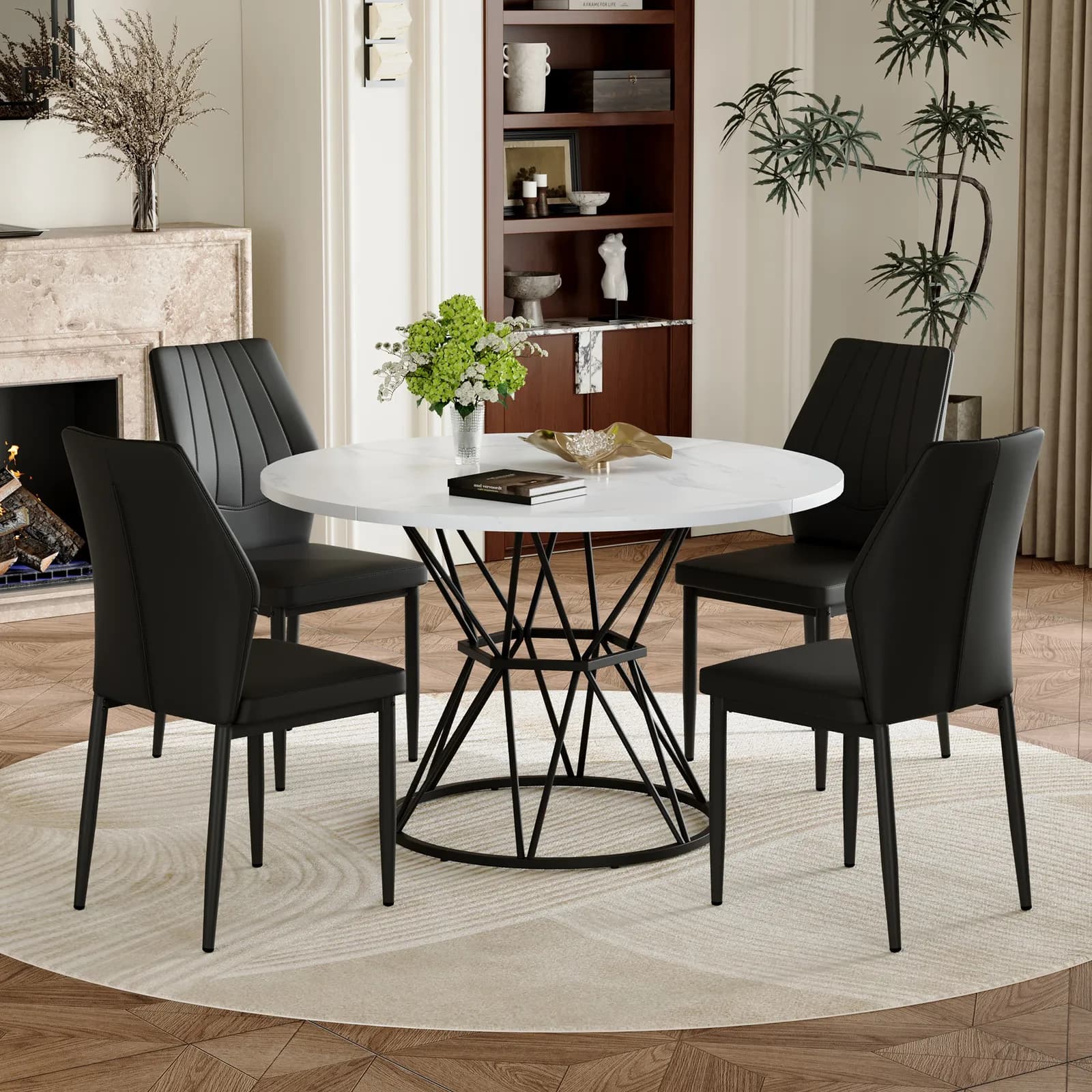 Table and Chair Set, A white MDF table with a diameter of 47, 3 inches, black hourglass…