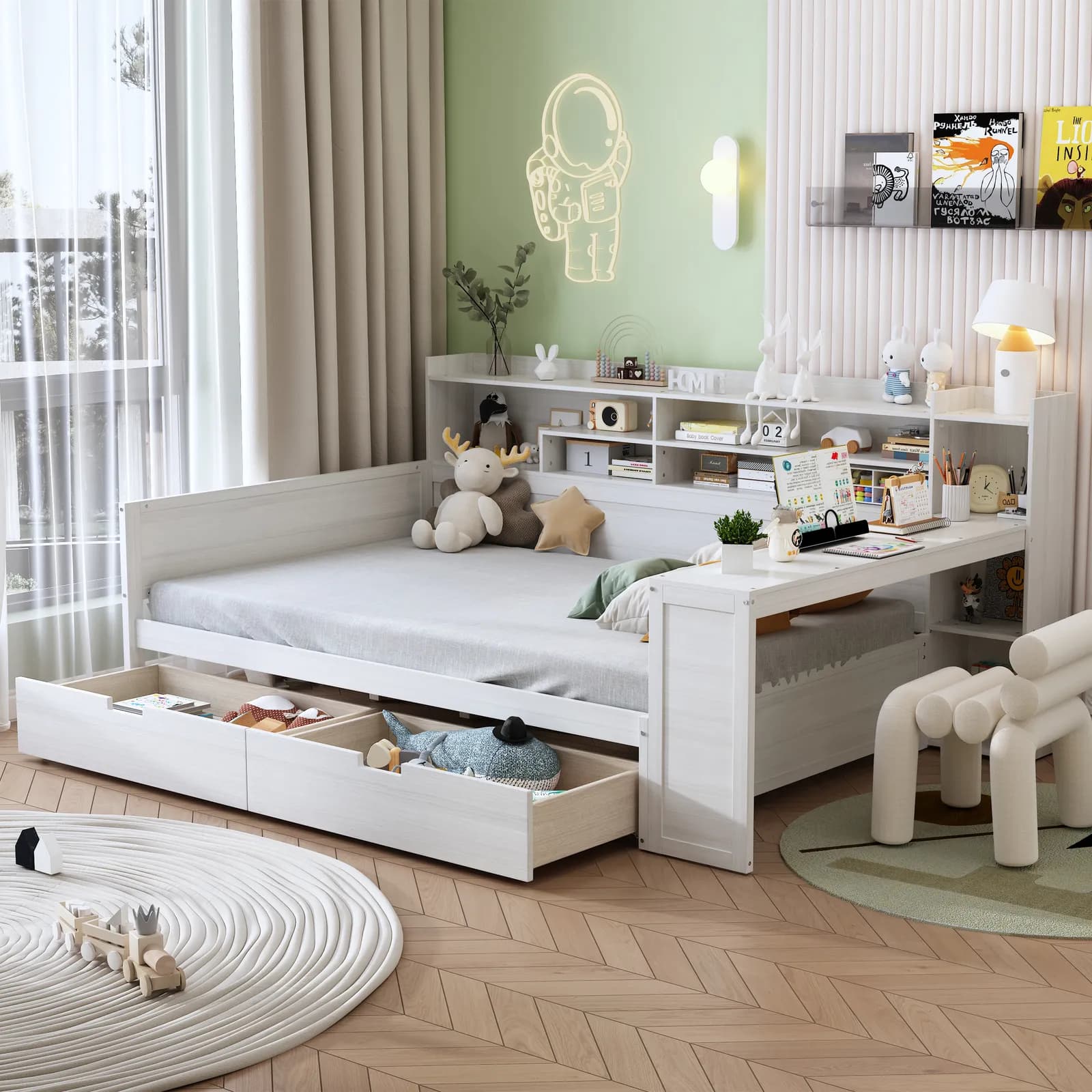 Wooden Full Size Daybed with Storage Shelves, Multi-functional Bed with Two Storage…