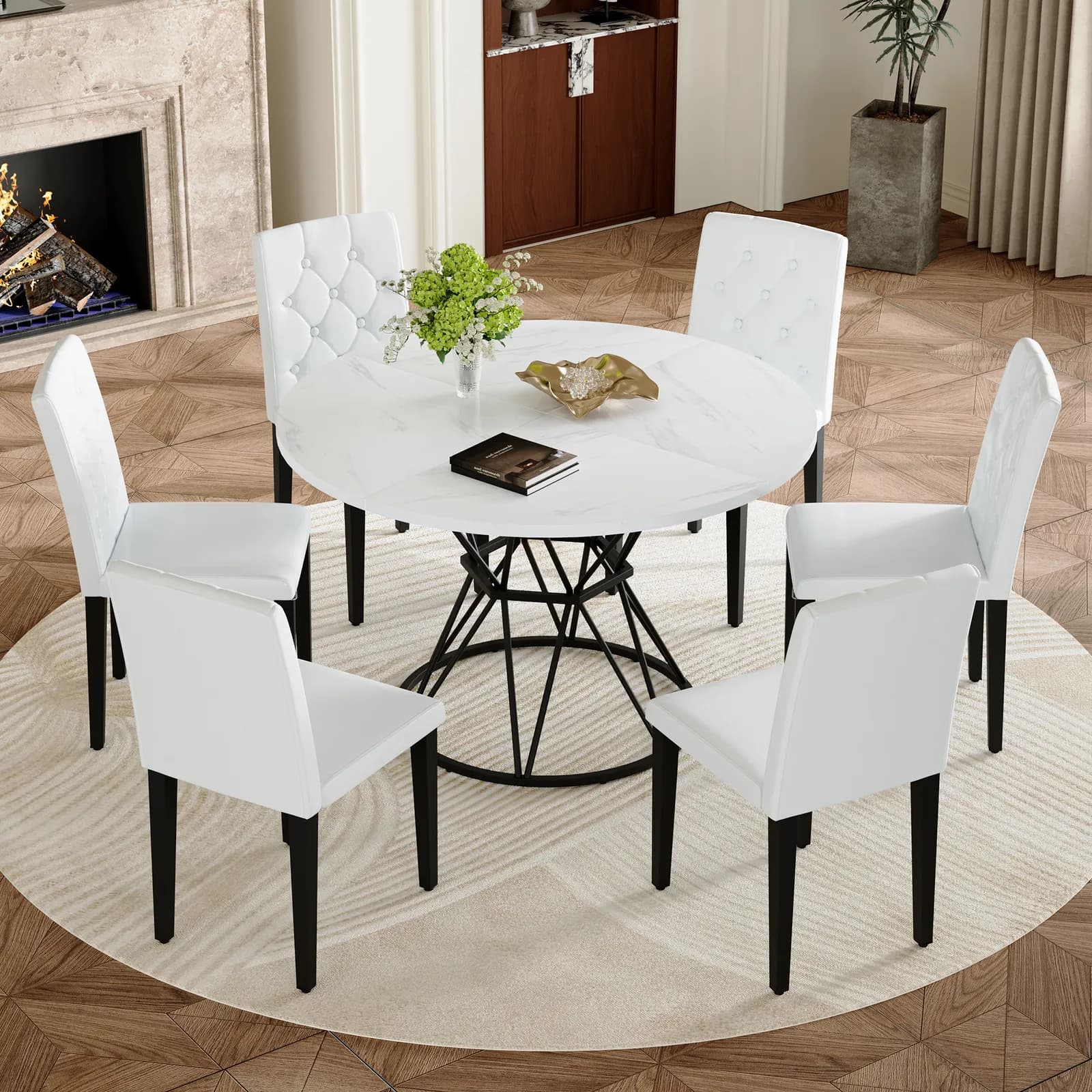 Table and chair set, A circular white MDF dining table with a diameter of 47, 3 inches,…