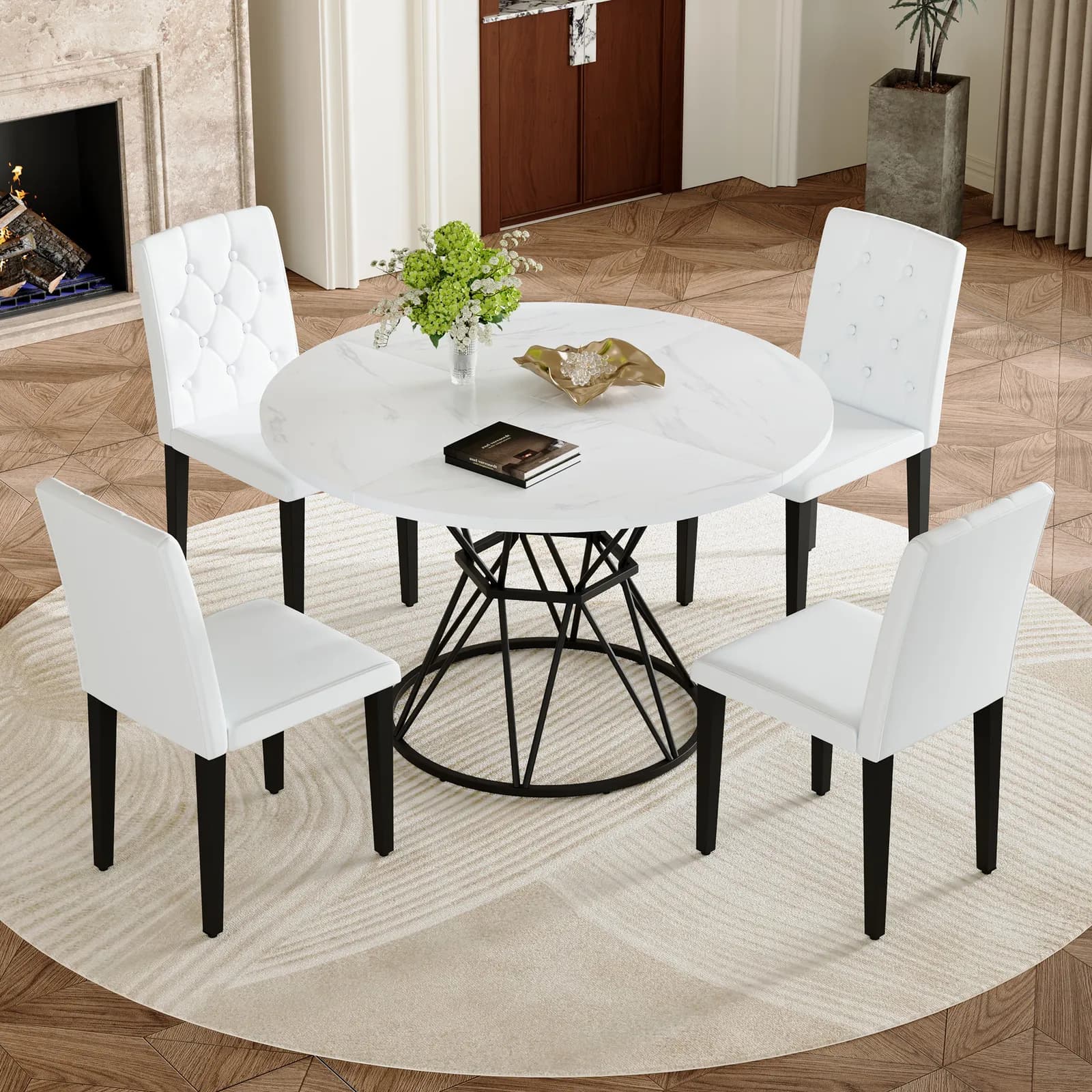 Table and chair set, A circular white MDF dining table with a diameter of 47, 3 inches,…