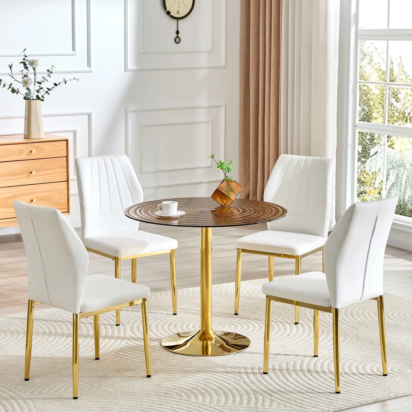 Table and chair set, 35 inch diameter, light luxury brown ring glass round table, Paired…