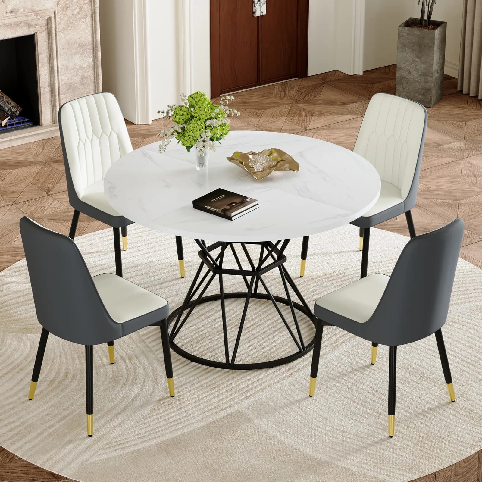 Table and chair set, A circular white MDF dining table with a diameter of 47, 3 inches,…