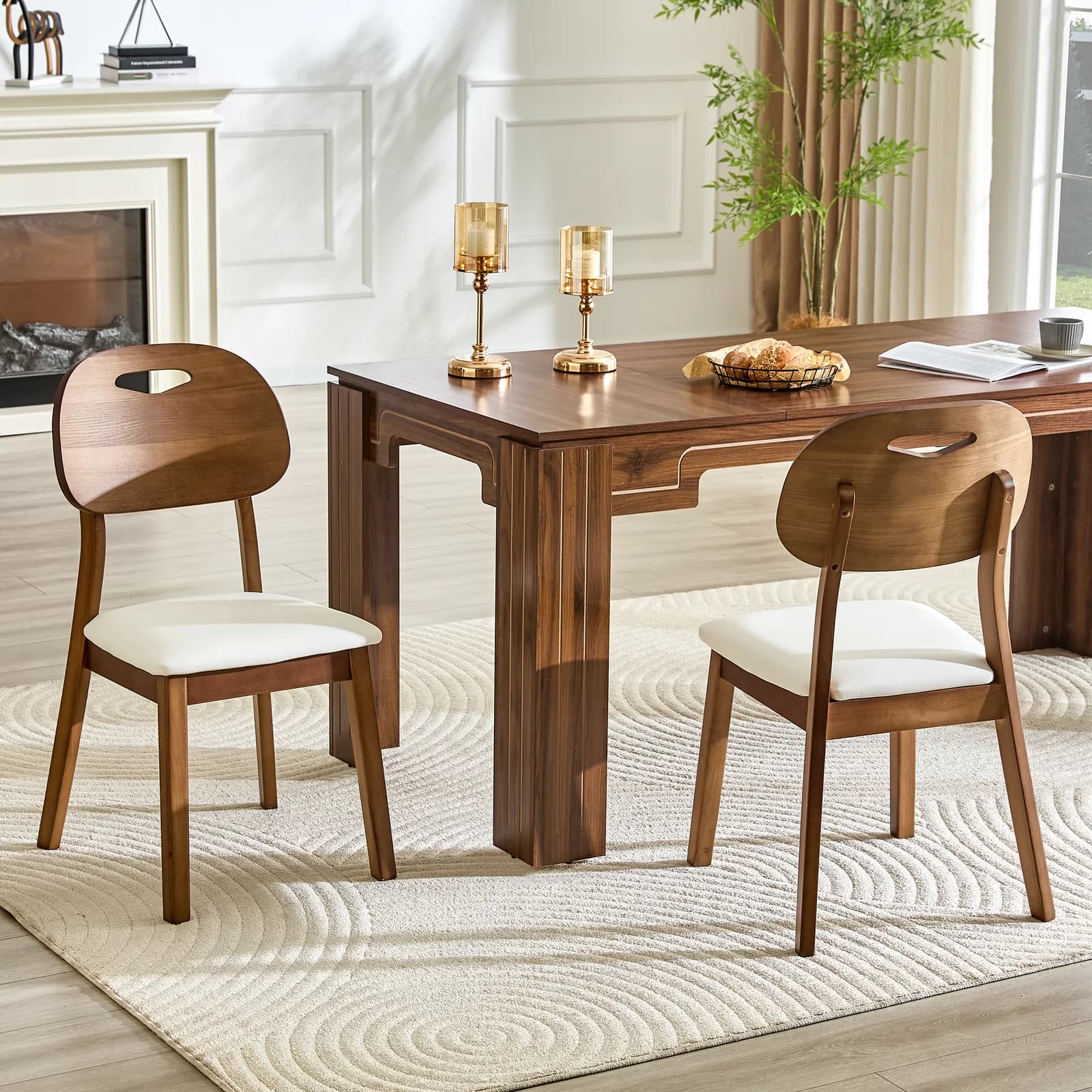 2 walnut colored solid wood dining chairs, white PU soft seat cushions, hollowed out…