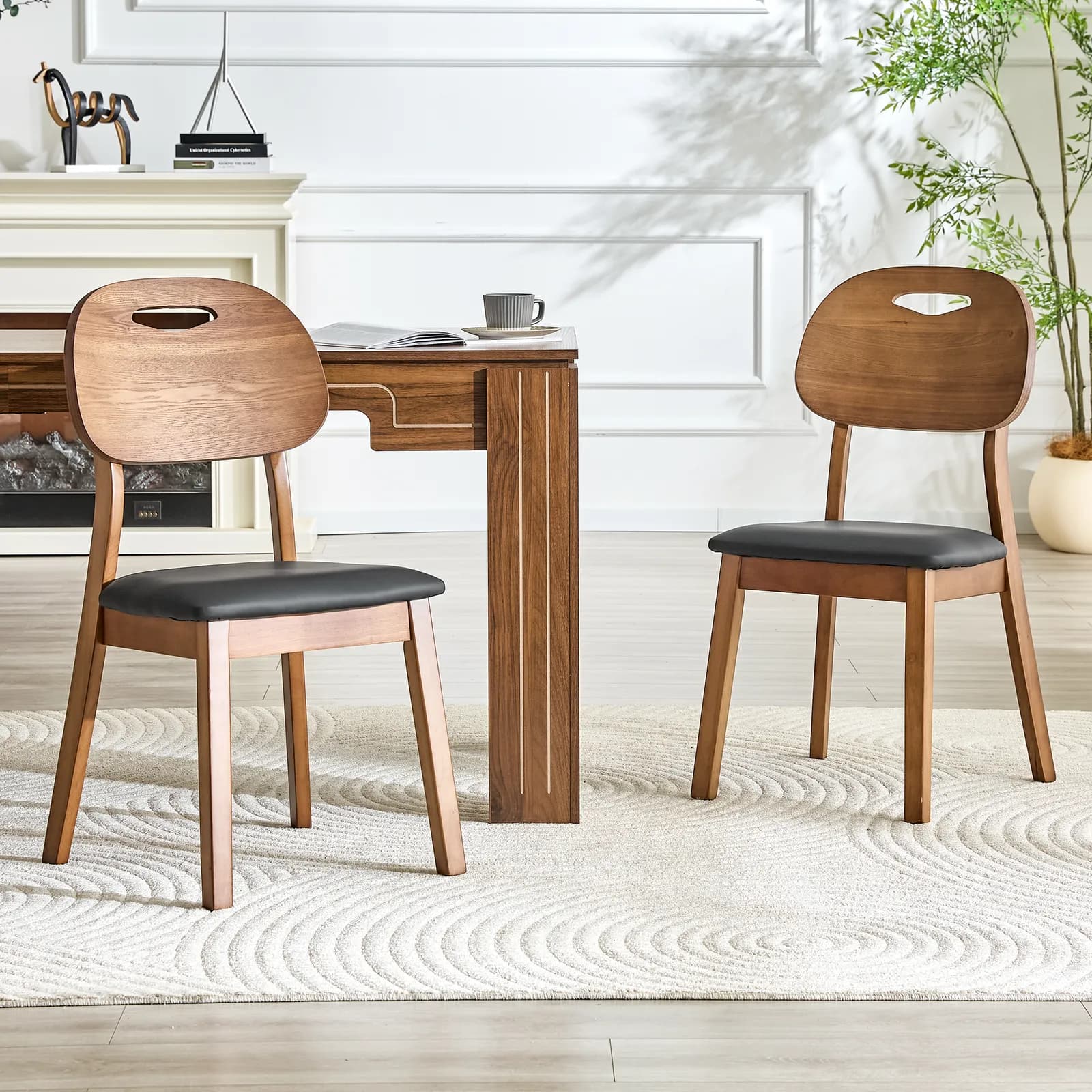 2 walnut colored solid wood dining chairs, black PU soft seat cushions, hollowed out…