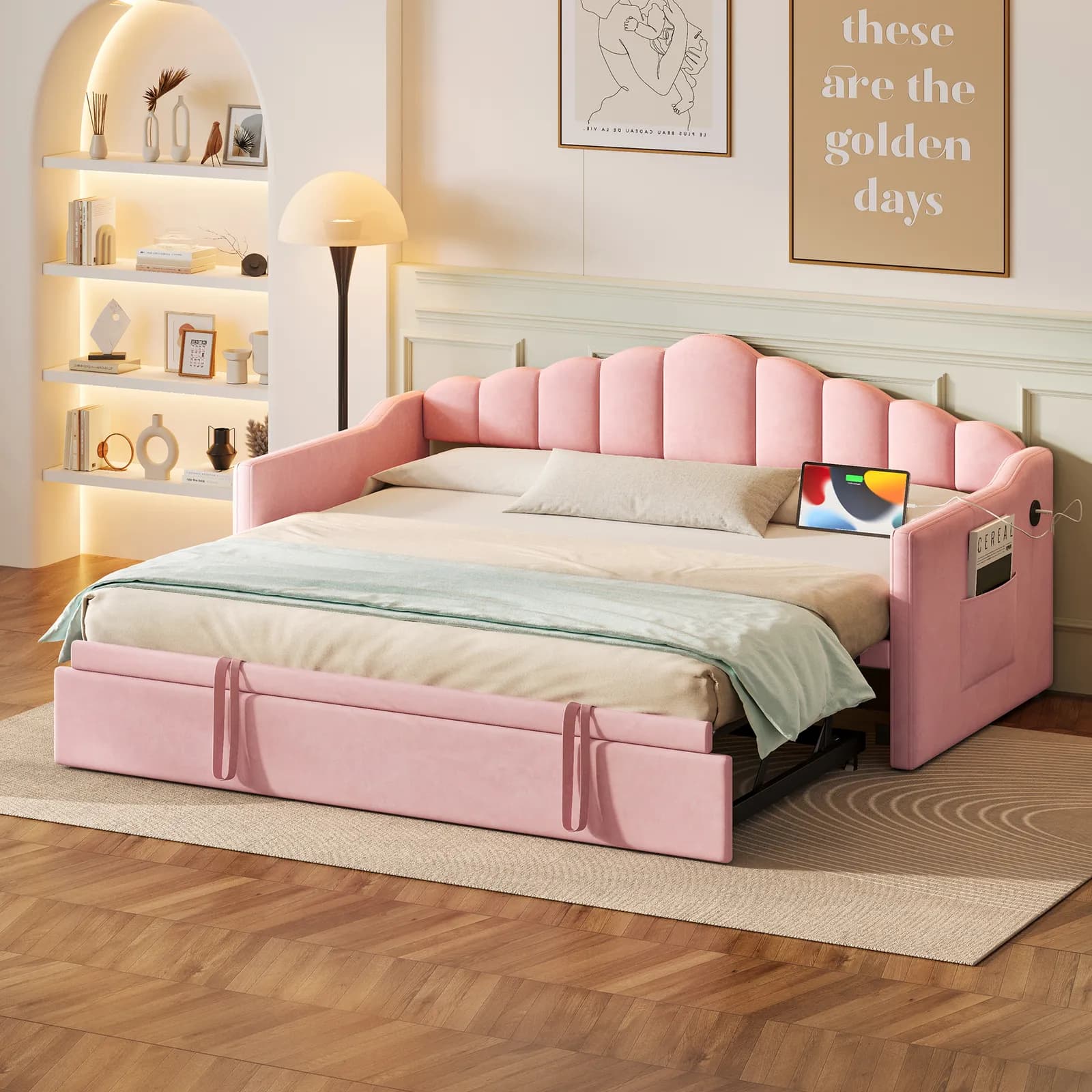 Upholstered Twin Size Daybed with Adjustable Height Pop Up Trundle Twin Bed and USB &…