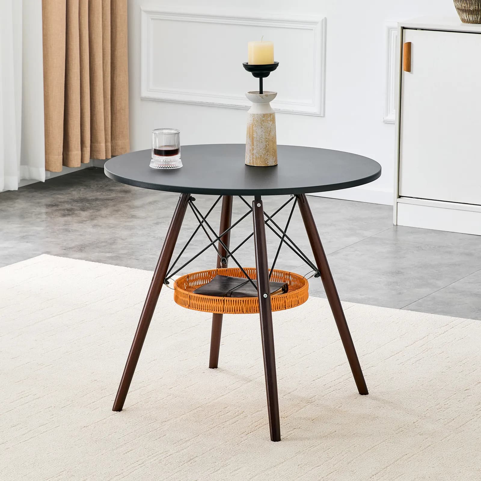 31, 5-inch diameter circular dining table, black MDF vacuum formed tabletop, walnut solid…