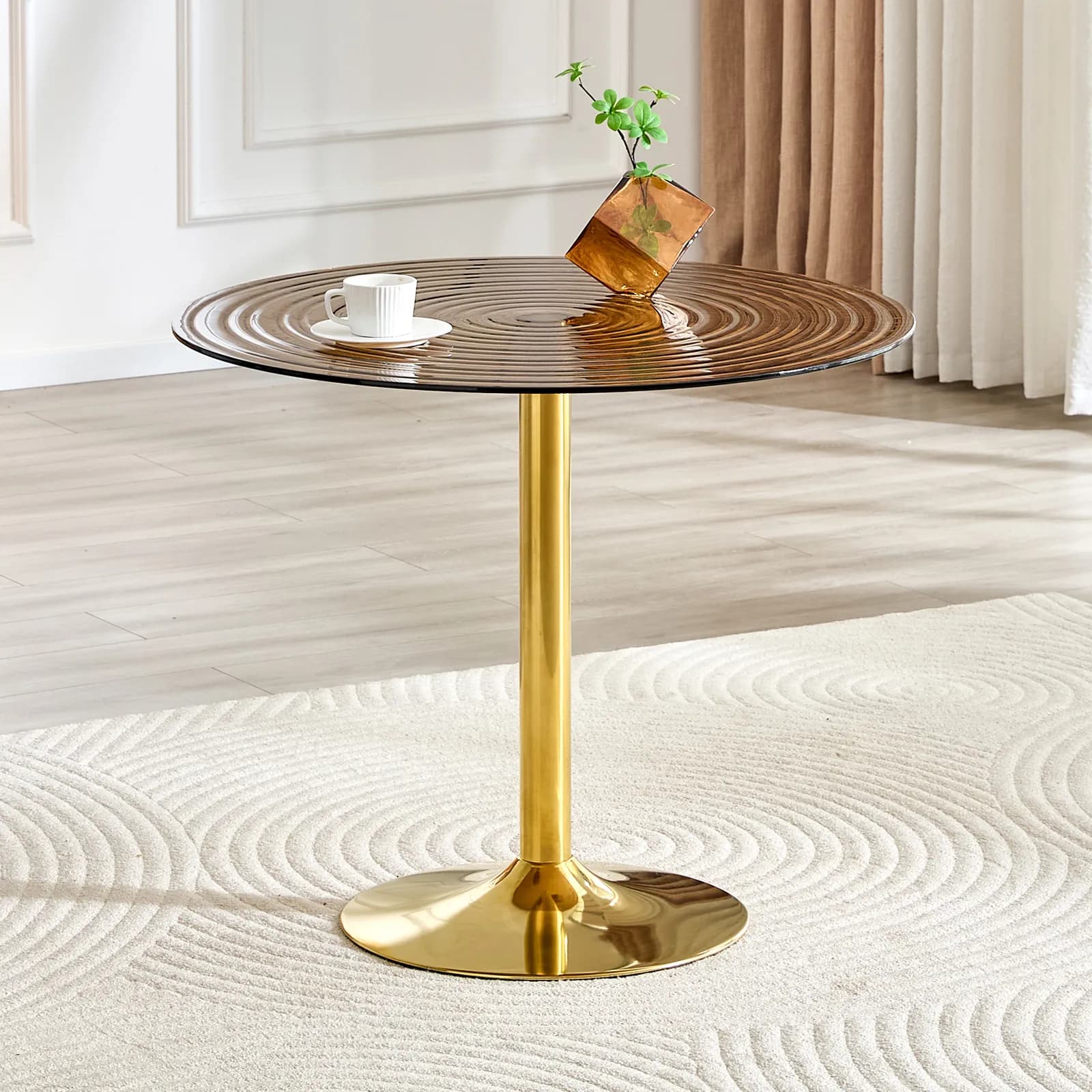 35 inch diameter, light luxury brown ring glass round table, Golden metal pillar,…