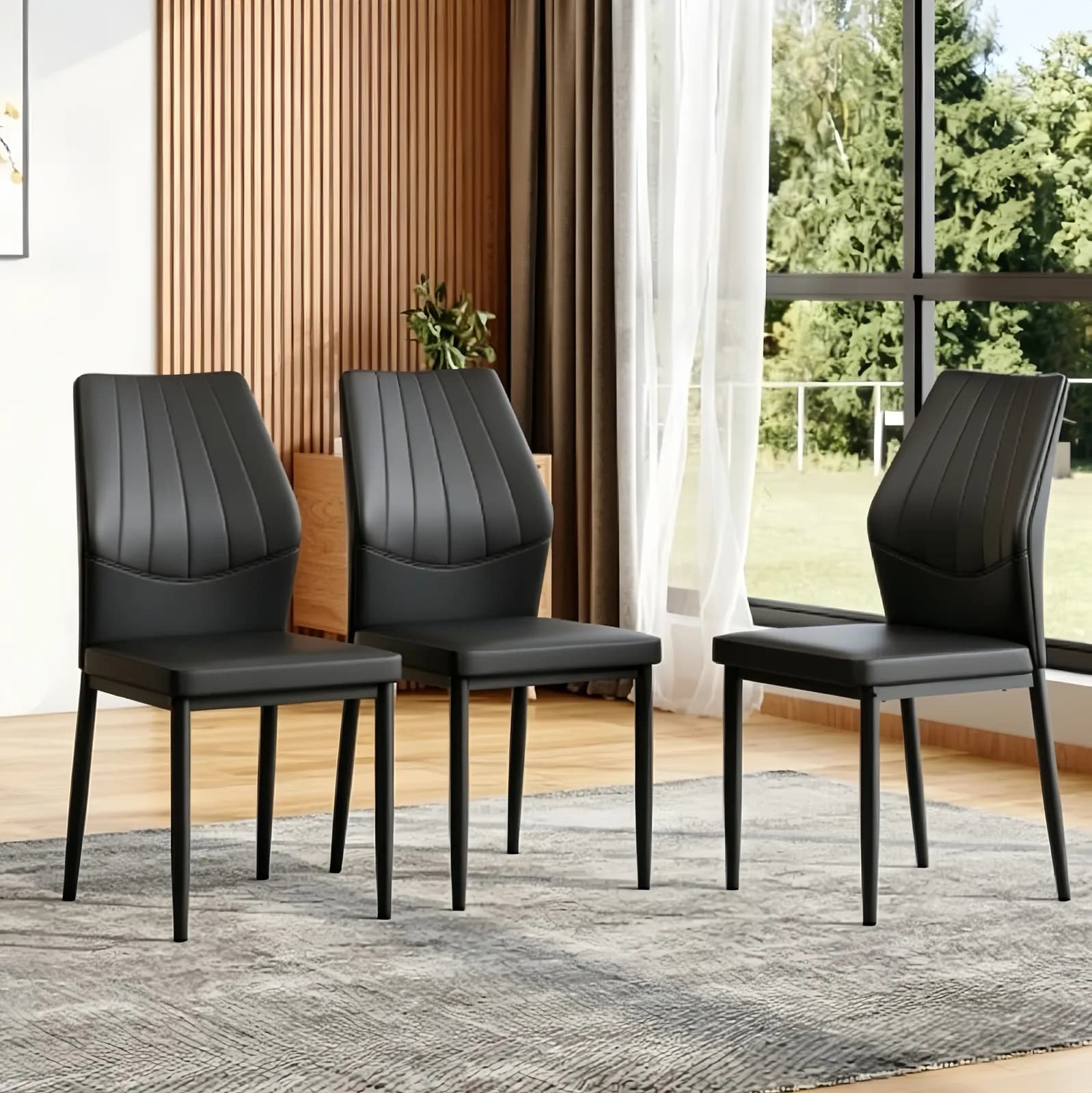 Set of 3 Black Dining Chairs, 37 inches High: Ergonomic PU Backrest, Combines Comfort and…