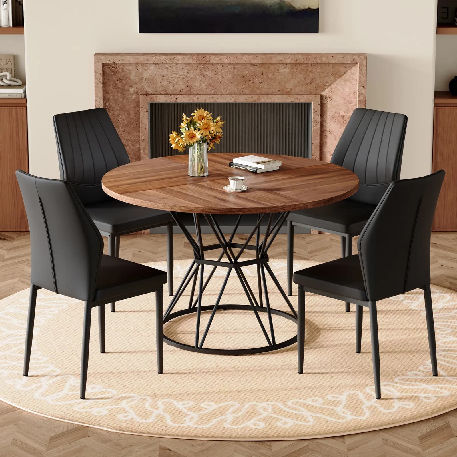 Table and Chair Set, A walnut MDF table with a diameter of 47, 3 inches, black hourglass…
