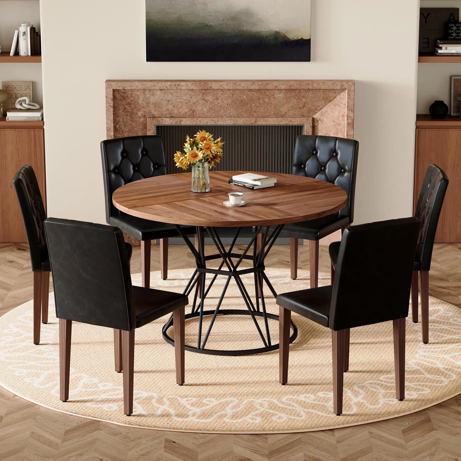 Table and chair set, A circular walnut MDF dining table with a diameter of 47, 3 inches,…