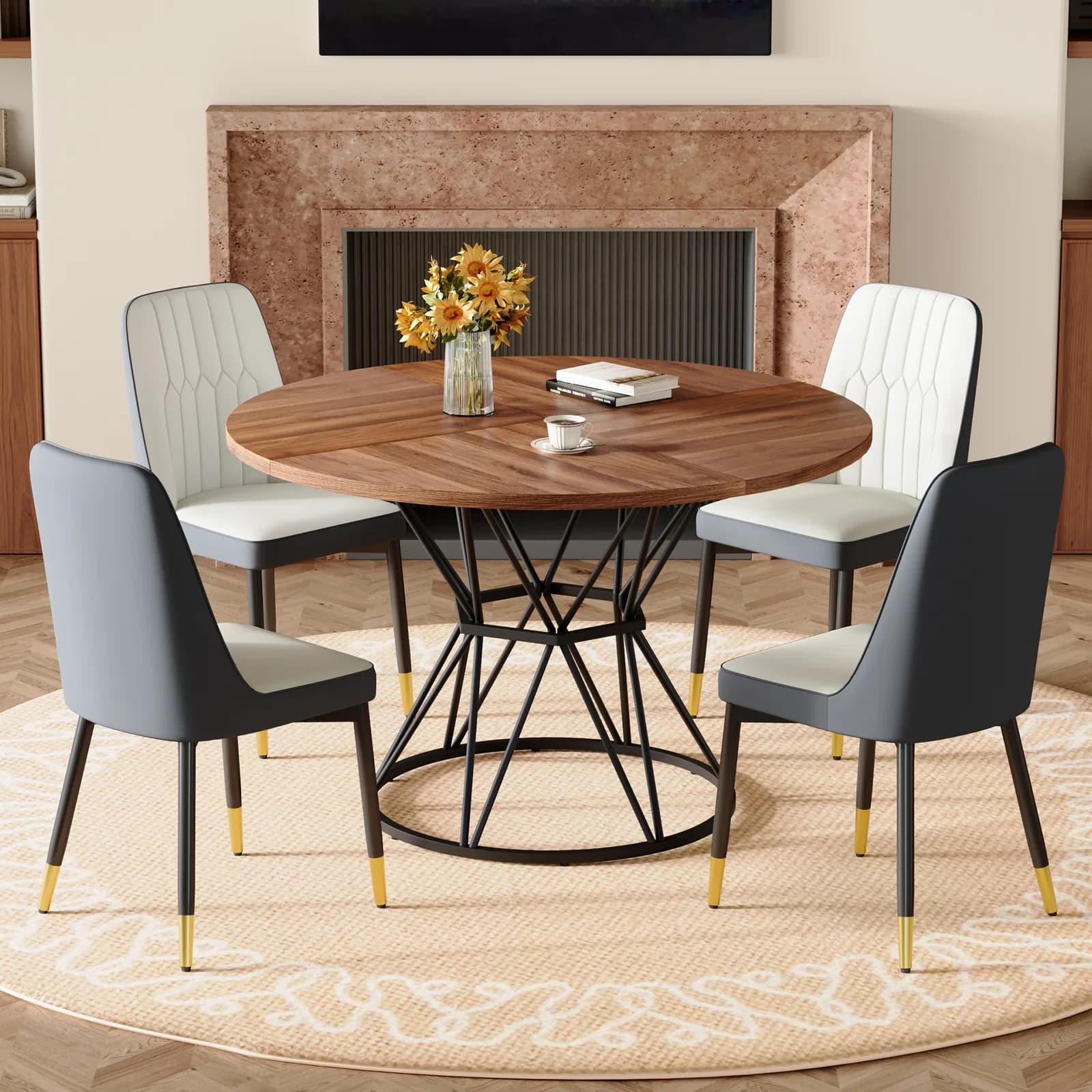 Table and chair set, A circular walnut MDF dining table with a diameter of 47, 3 inches,…