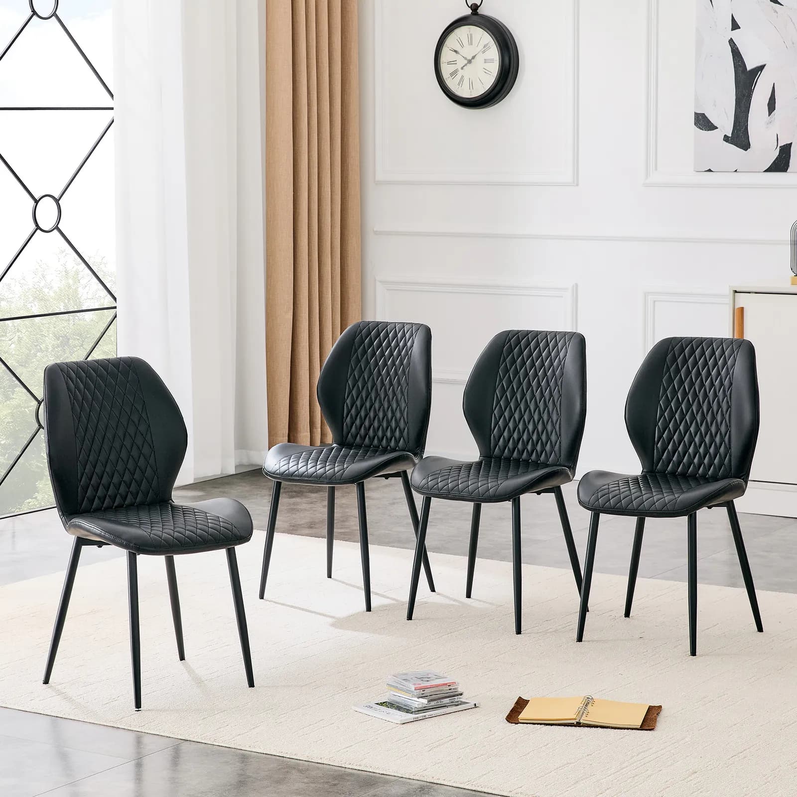Set of 4 modern light luxury black diamond-quilted PU chairs with black metal legs,…