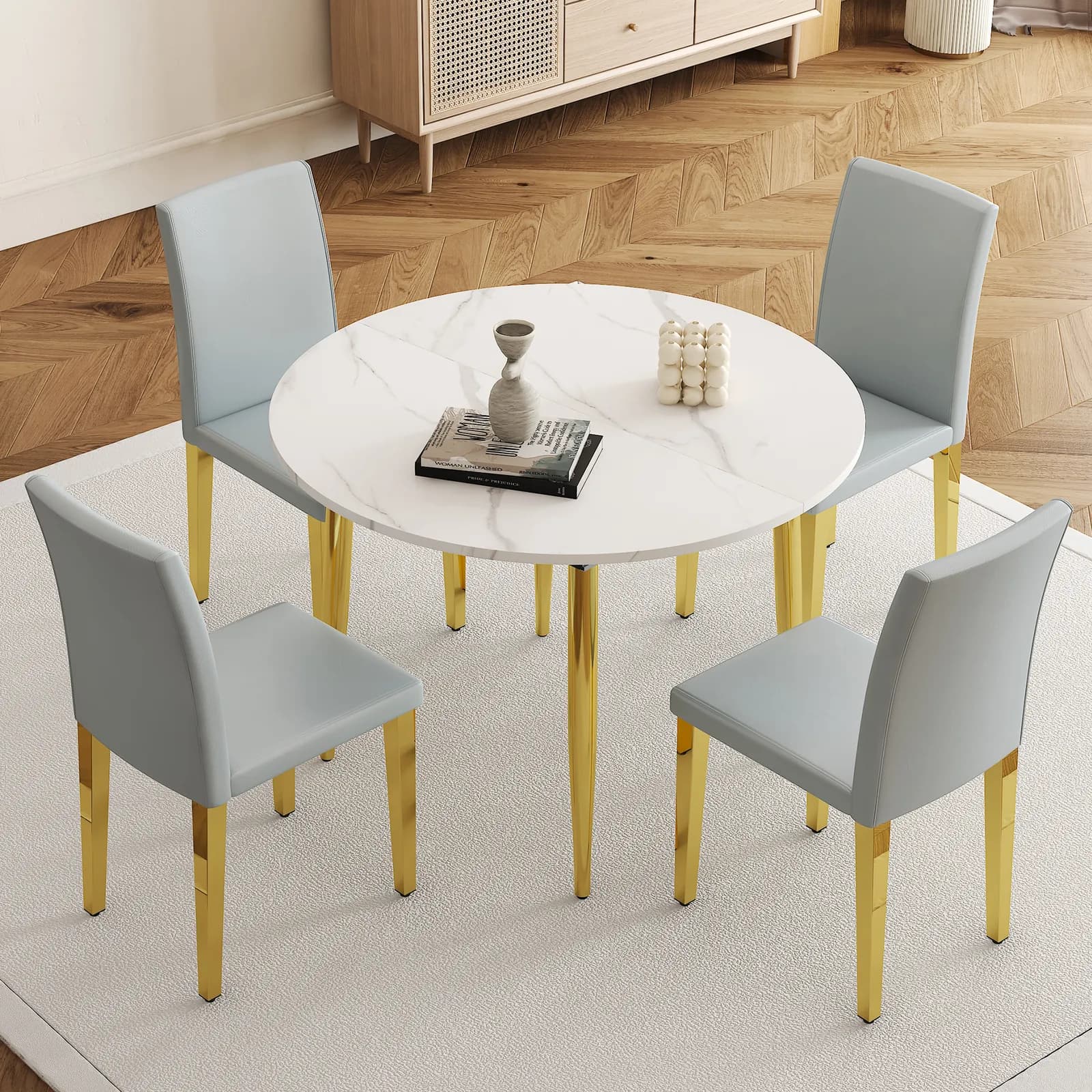 Table and chair set, Extendable MDF Dining Table, Paired with 4 light gray PU dining…