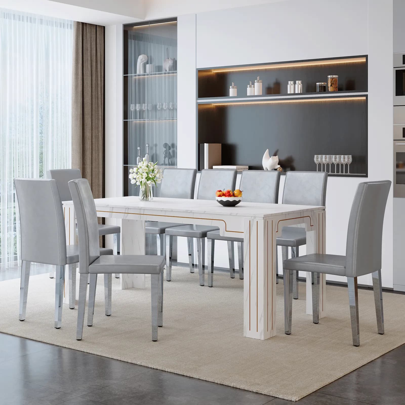 Table and chair set, 71 × 31, 5 inch white marble patterned MDF spliced tabletop dining…