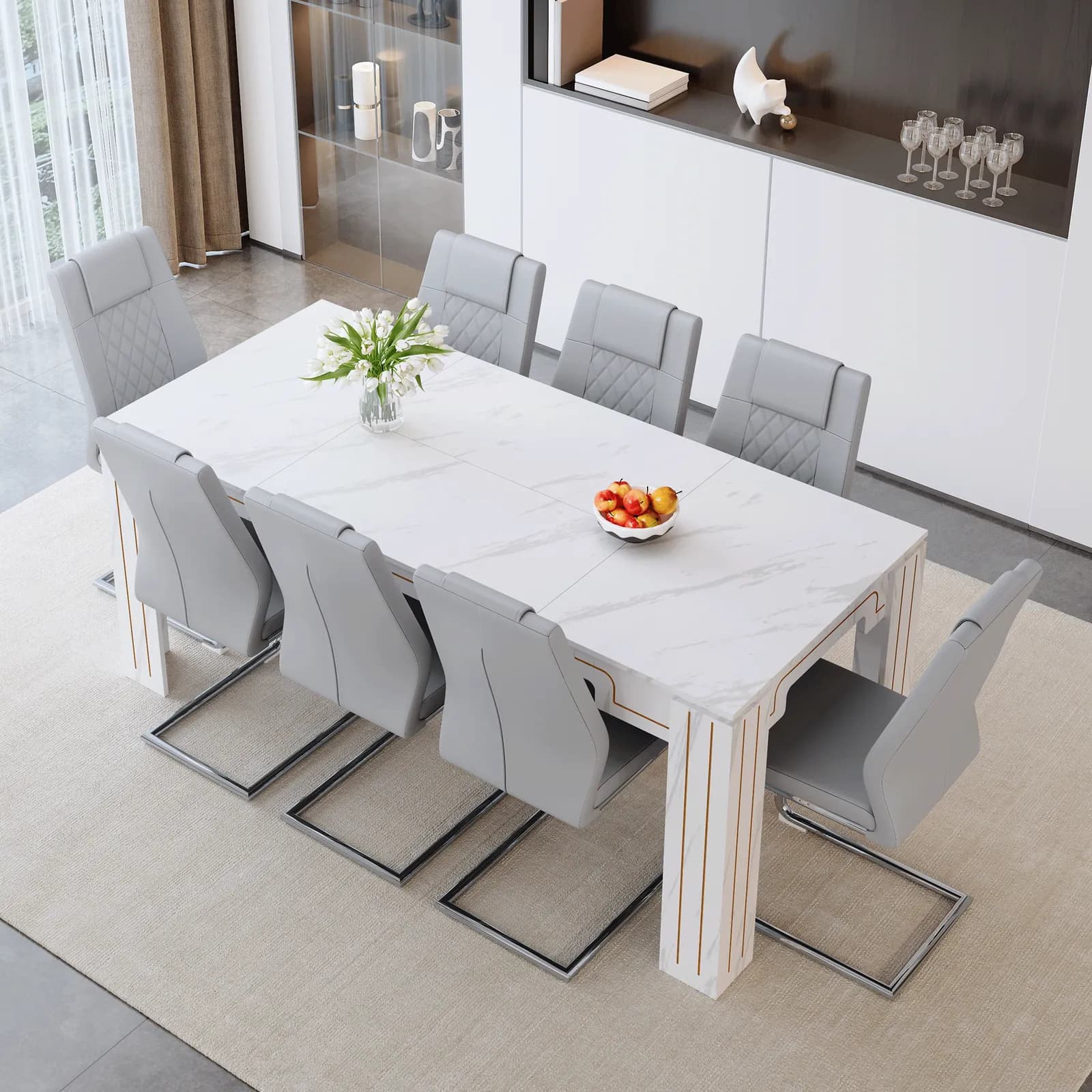 Table and chair set, 71 × 31, 5 inch white marble patterned MDF spliced tabletop dining…