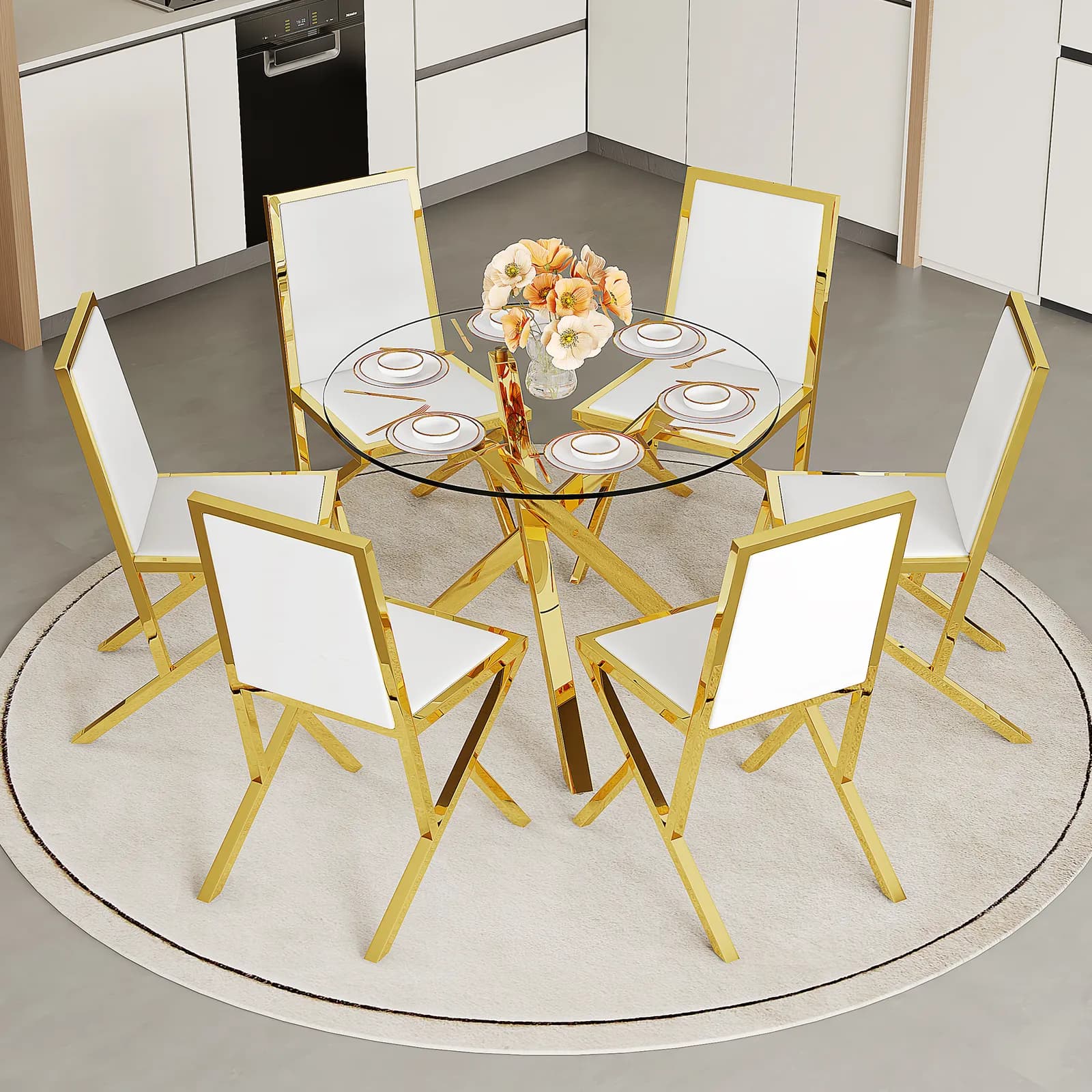 Table and chair set, Modern glass round table:39 inch diameter, X-shaped golden metal…