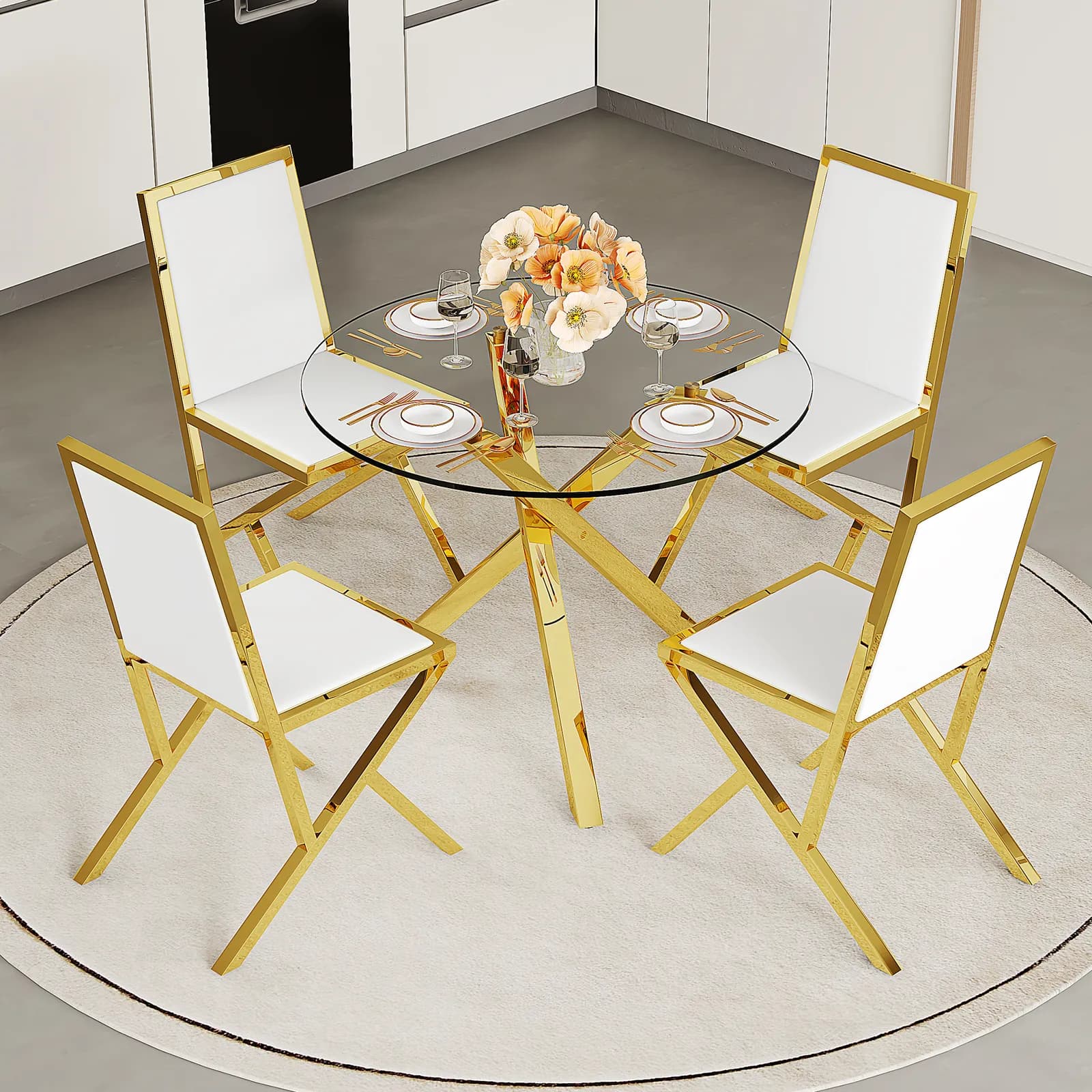 Table and chair set, Modern glass round table:39 inch diameter, X-shaped golden metal…