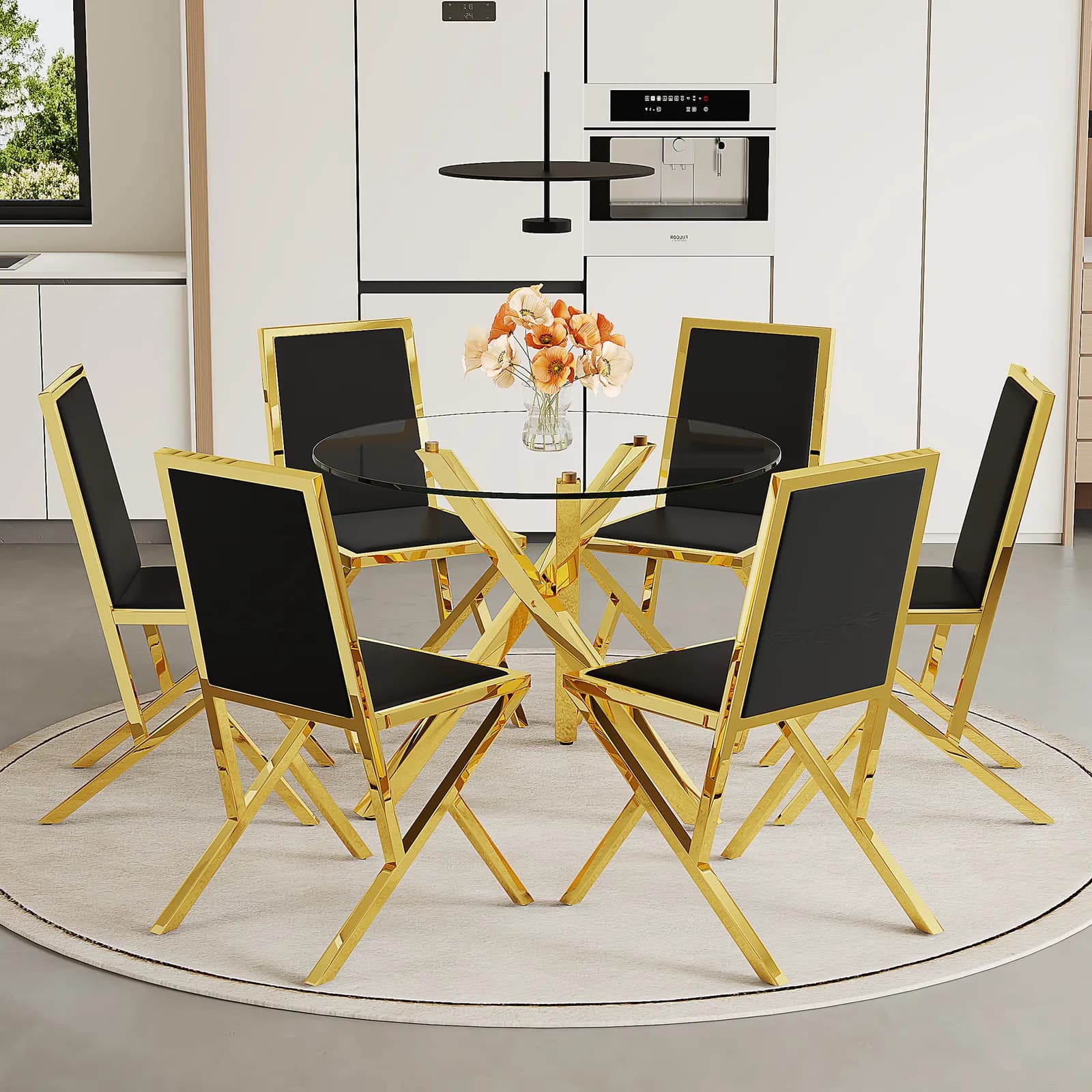 Table and chair set, Modern glass round table:39 inch diameter, X-shaped golden metal…